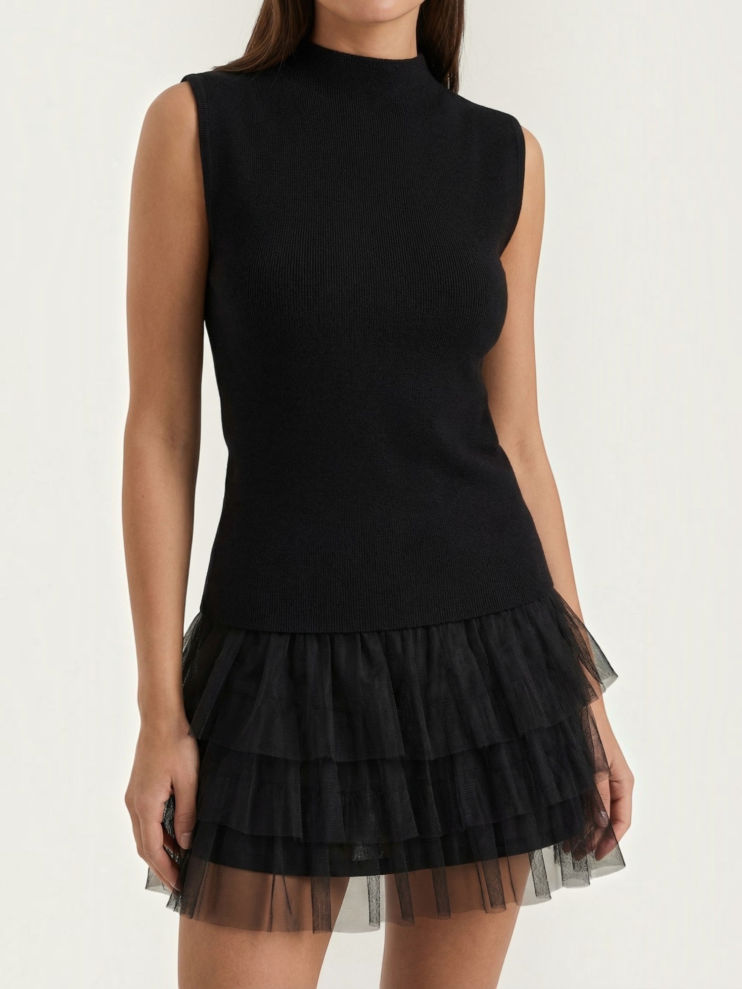 Robe femme ajustée jupe tulle étagée sans manches – Image 3