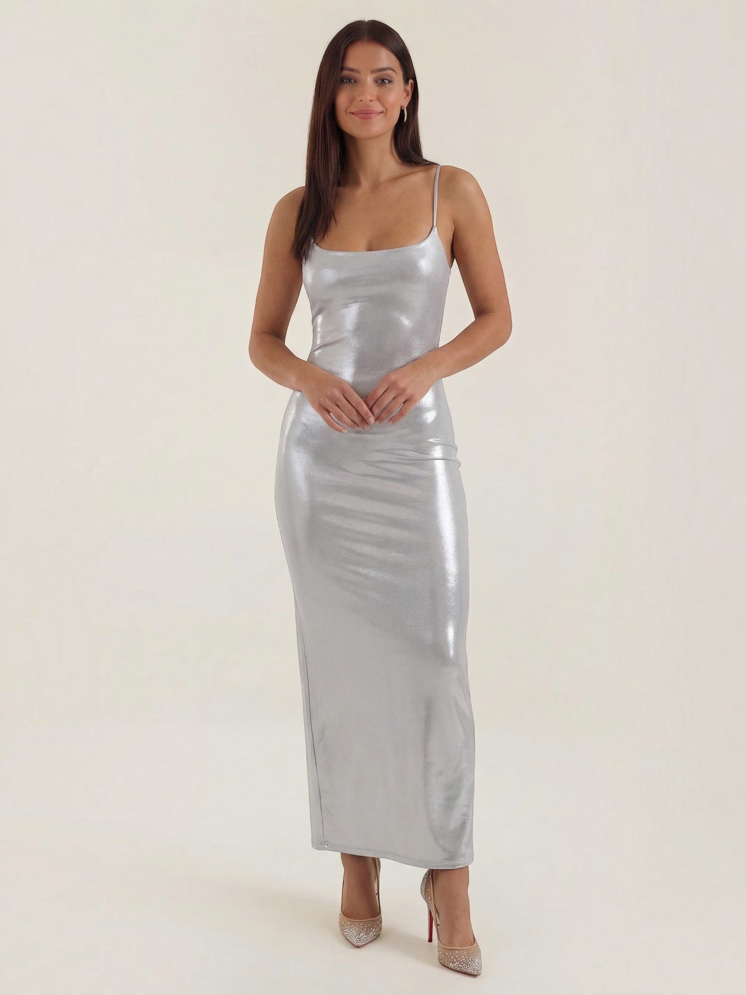 Robe femme soirée métallisée à fines bretelles