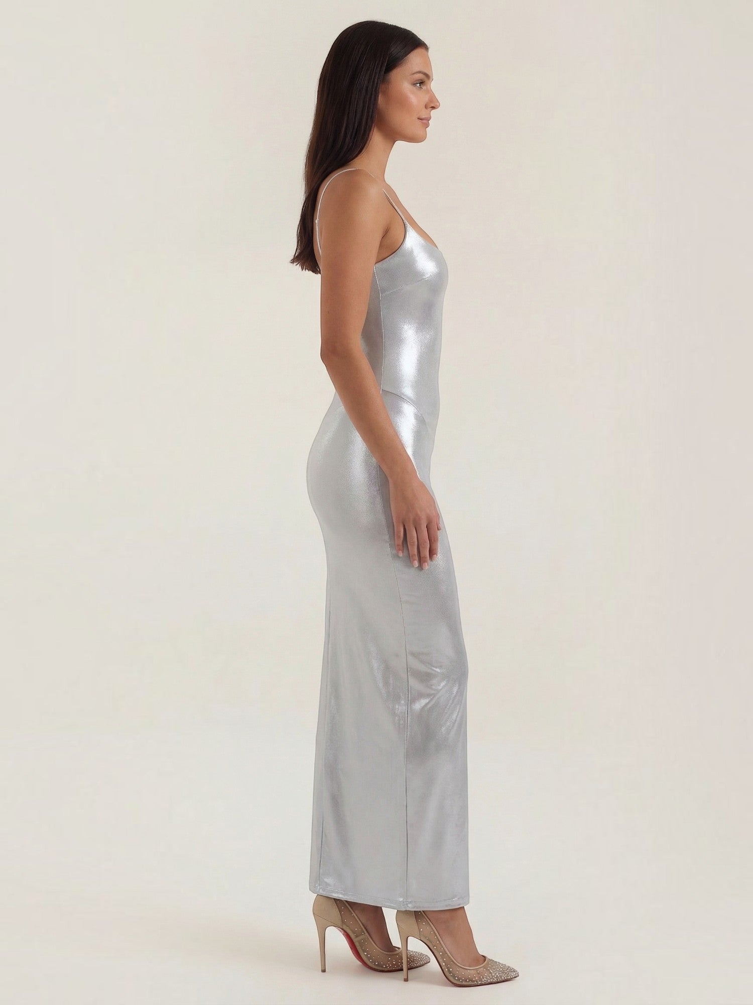 Robe femme soirée métallisée à fines bretelles – Image 3