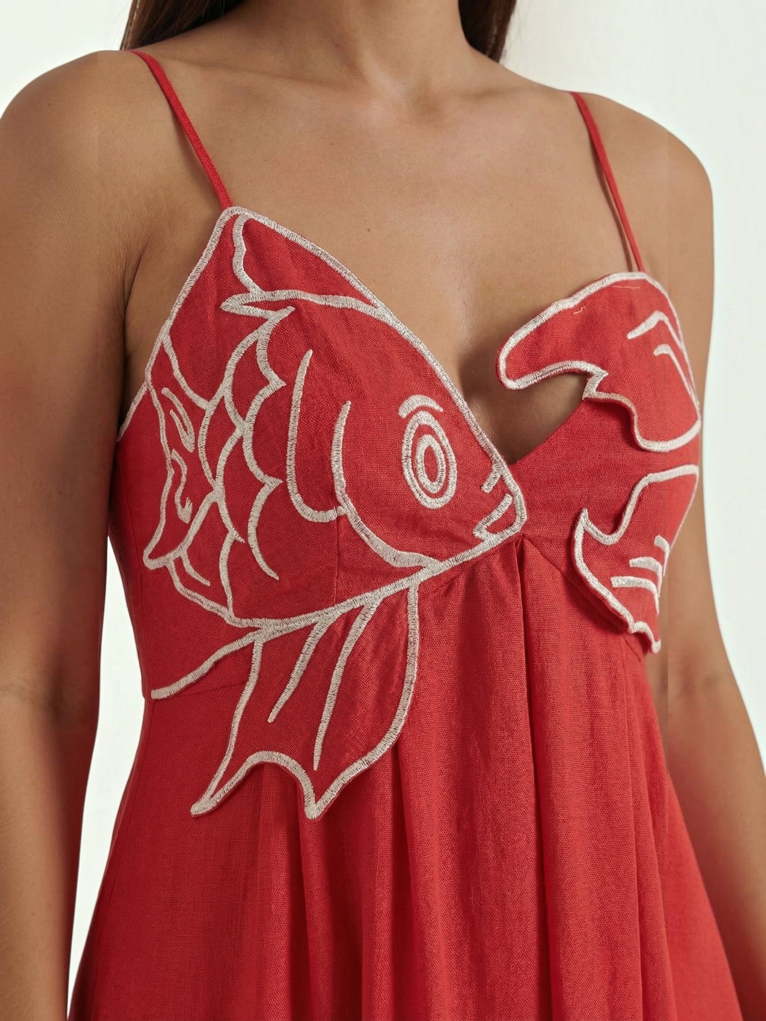 Robe femme motifs brodés poissons jupe fluide été – Image 5