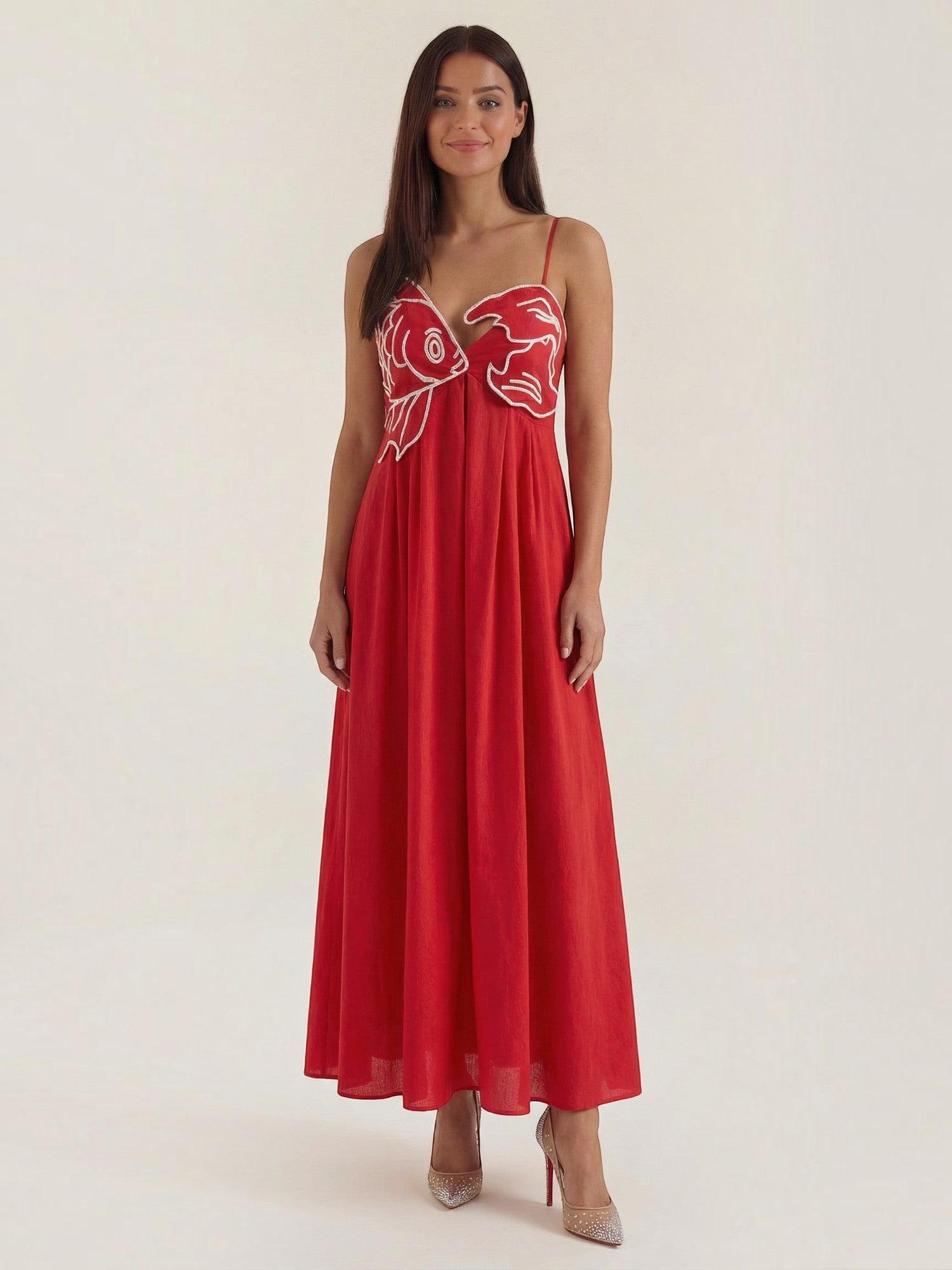 Robe femme motifs brodés poissons jupe fluide été
