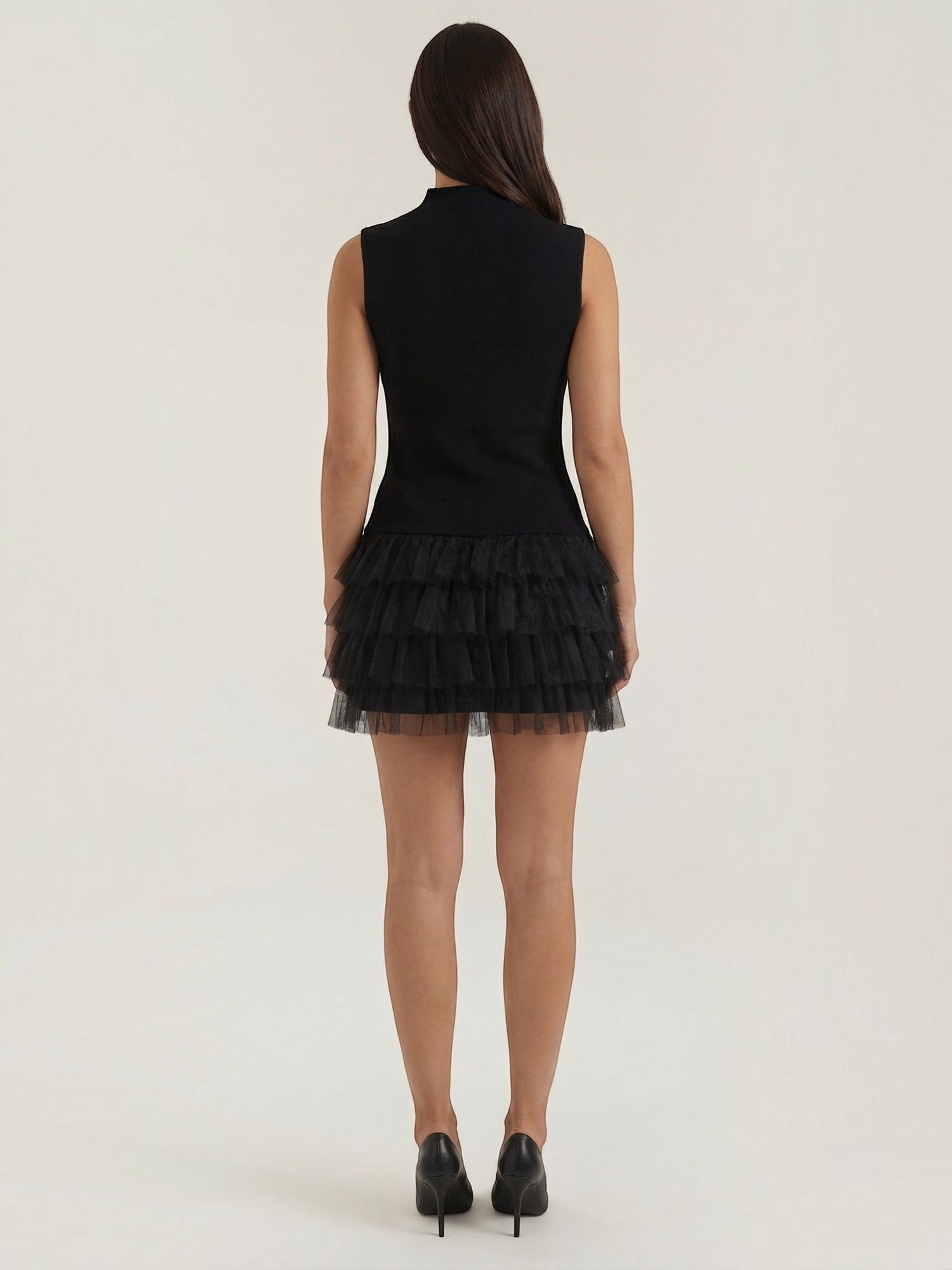 Robe femme ajustée jupe tulle étagée sans manches – Image 4