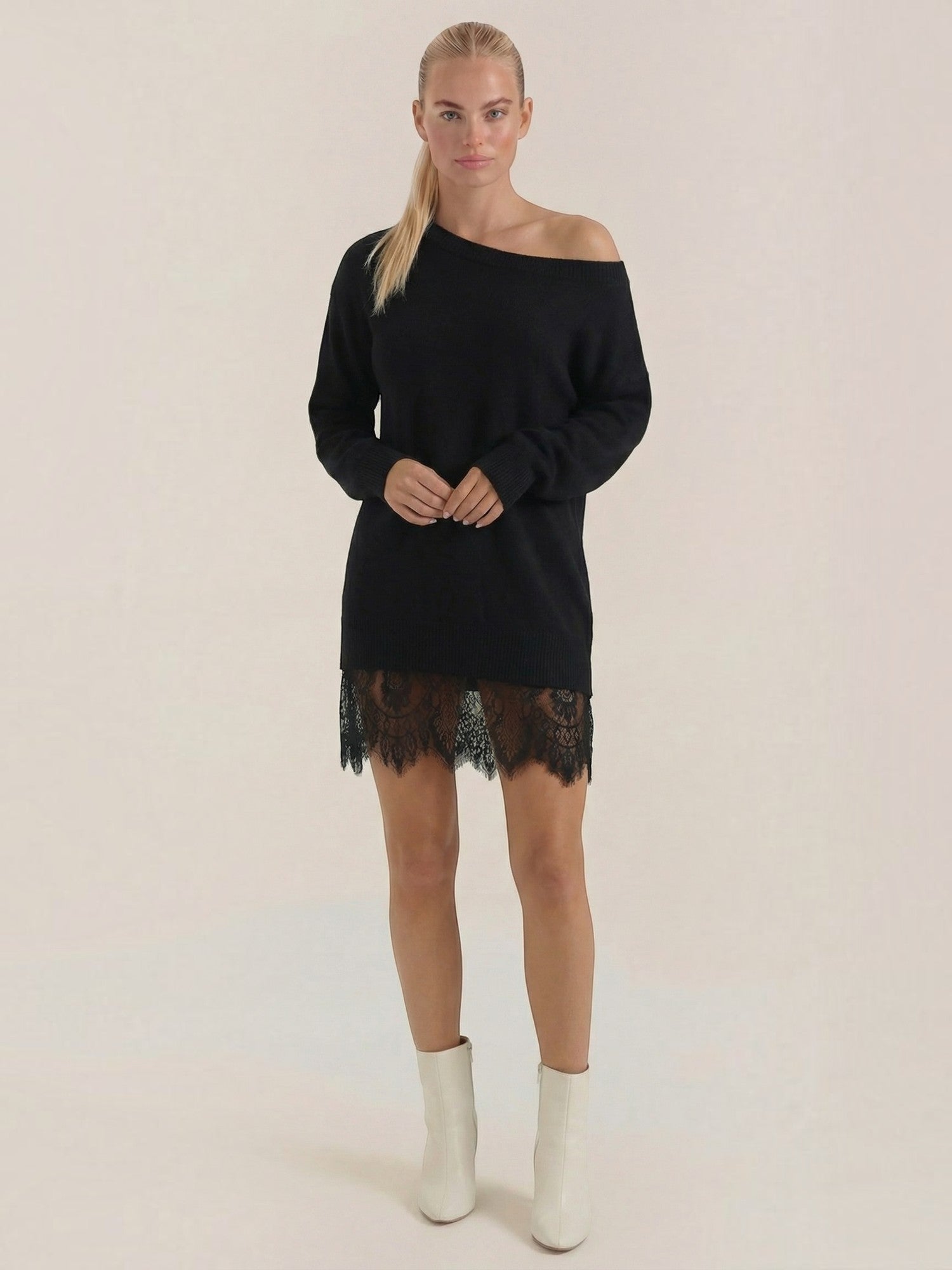 Robe en maille femme épaule dénudée dentelle romantique