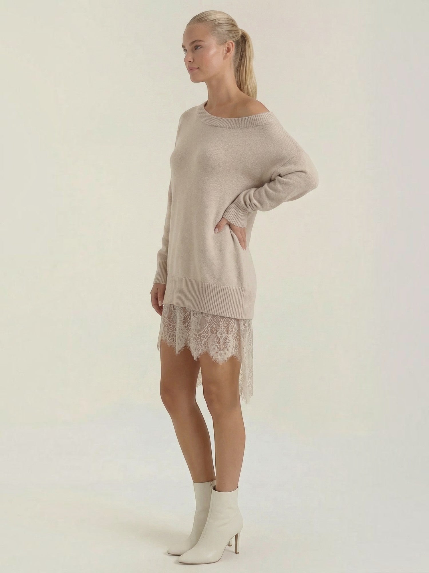 Robe en maille femme épaule dénudée dentelle romantique – Image 12
