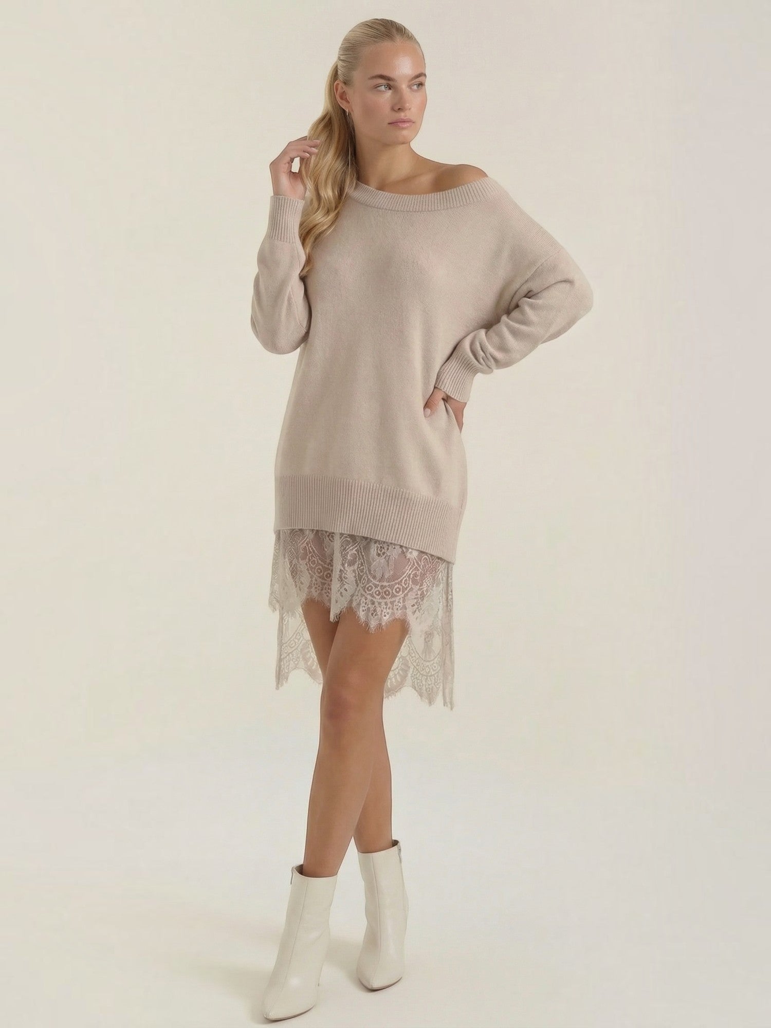 Robe en maille femme épaule dénudée dentelle romantique – Image 3