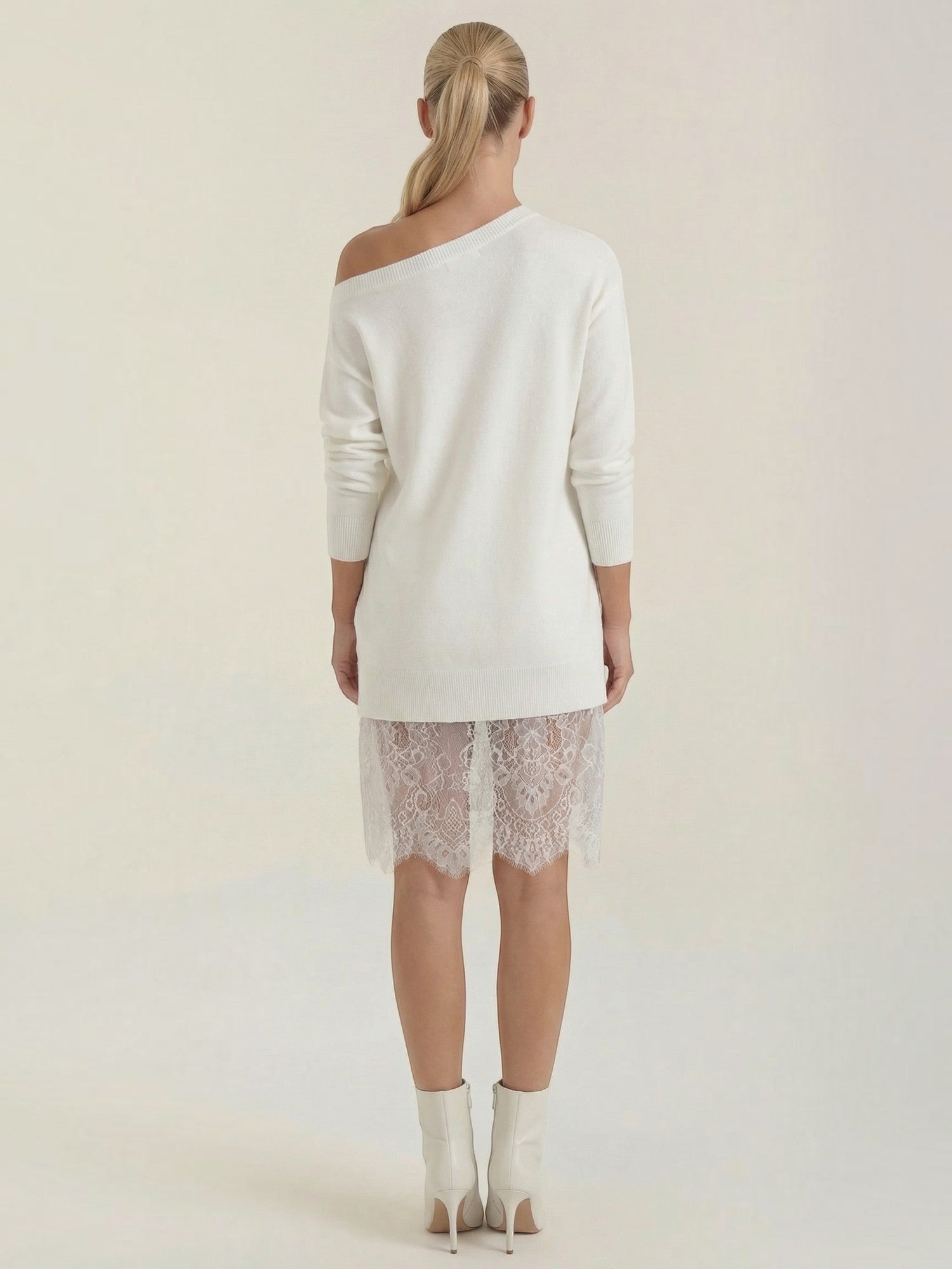 Robe en maille femme épaule dénudée dentelle romantique – Image 10