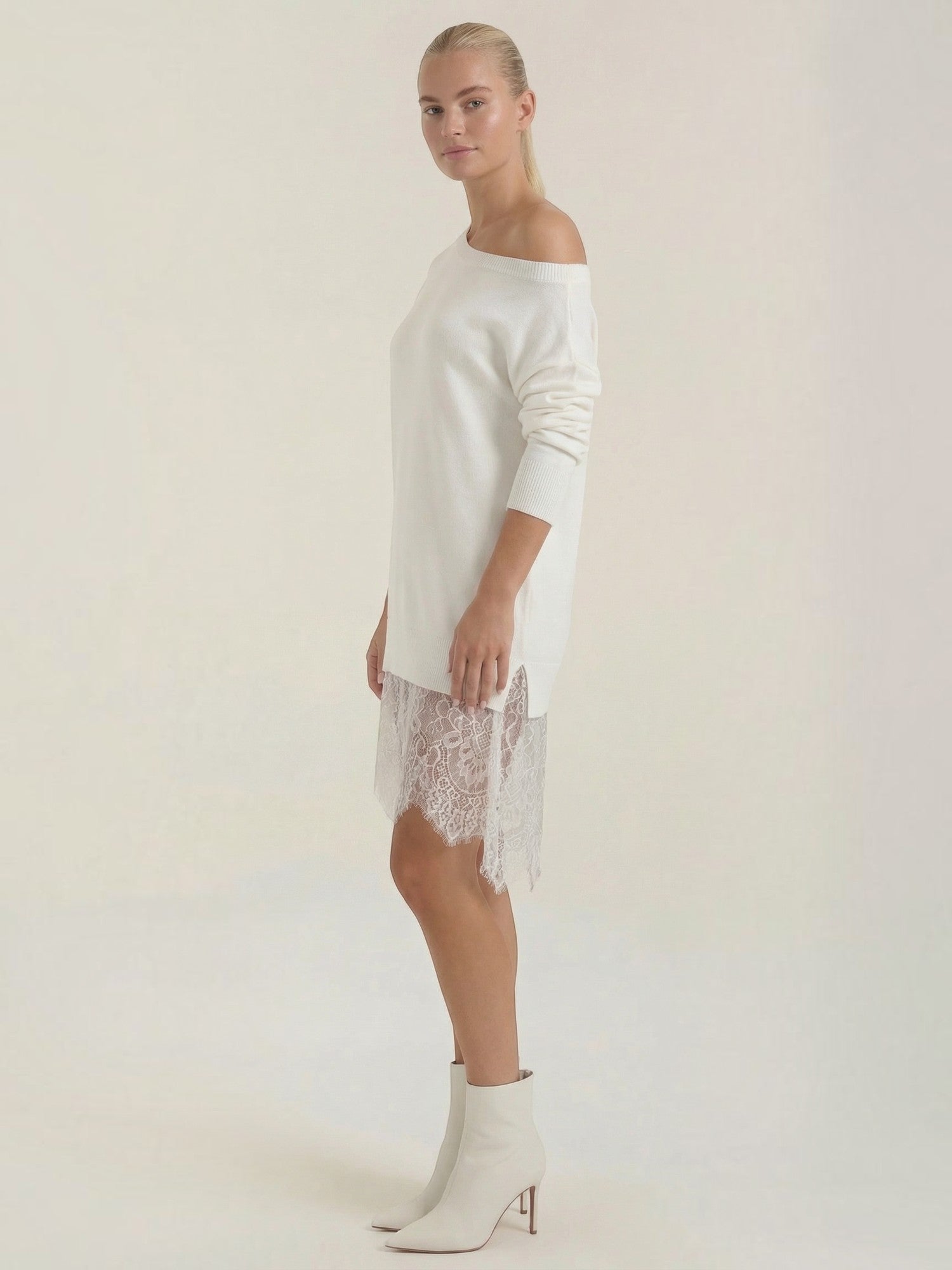 Robe en maille femme épaule dénudée dentelle romantique – Image 8