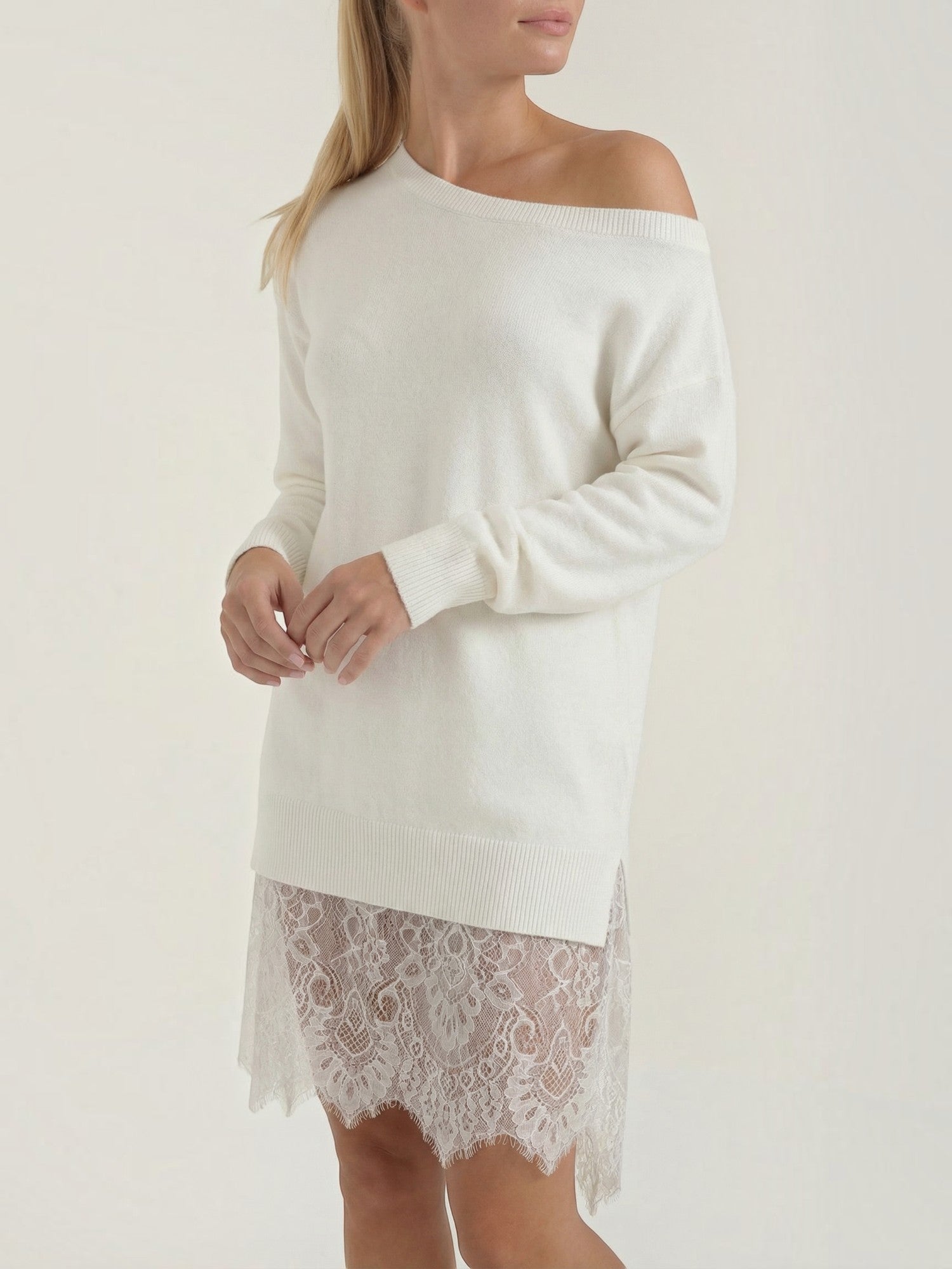 Robe en maille femme épaule dénudée dentelle romantique – Image 9