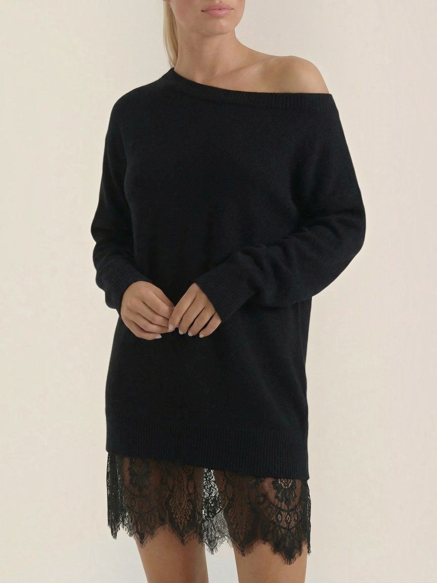 Robe en maille femme épaule dénudée dentelle romantique – Image 5