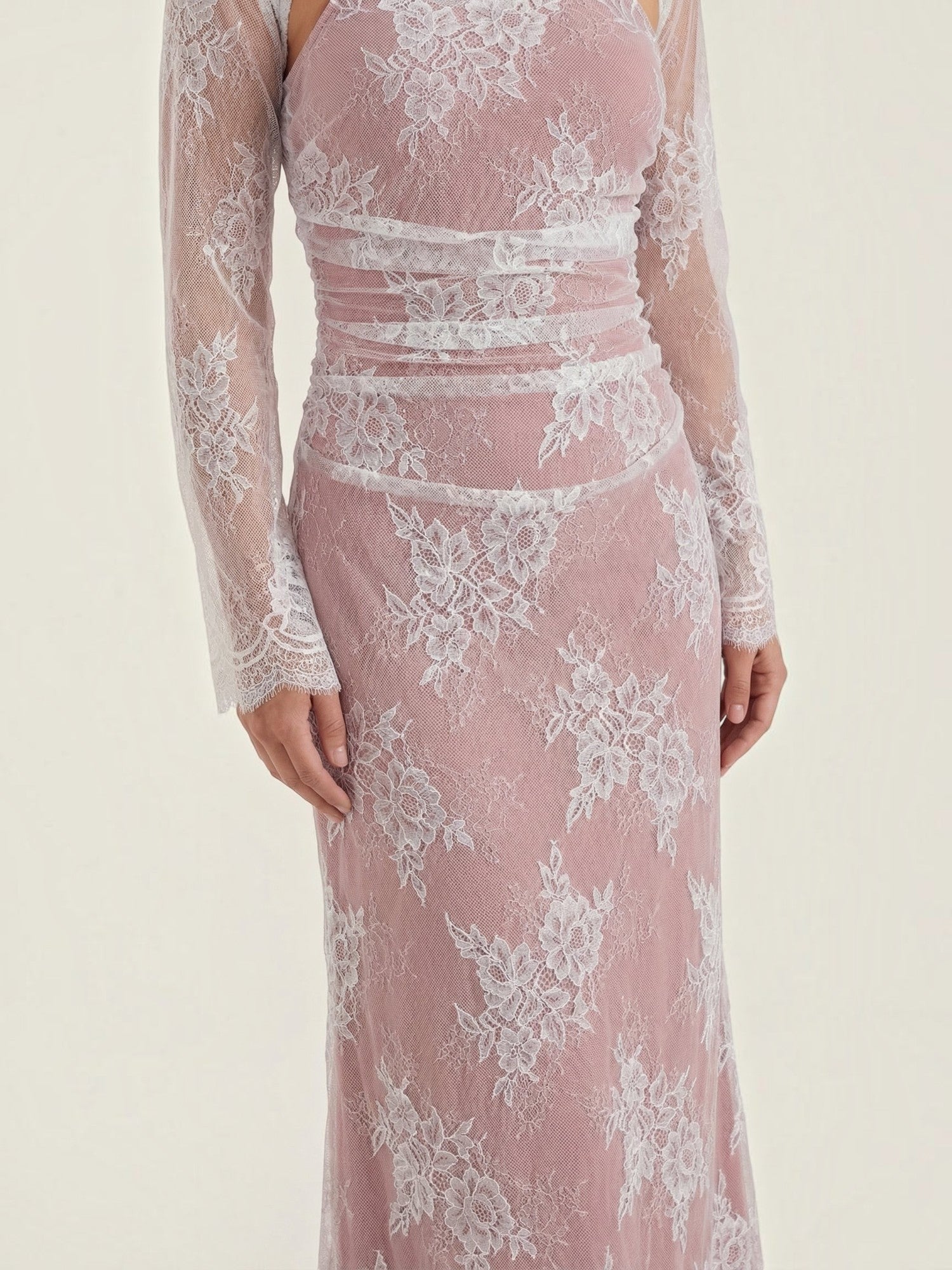 Robe femme longue dentelle florale manches festonnées – Image 4