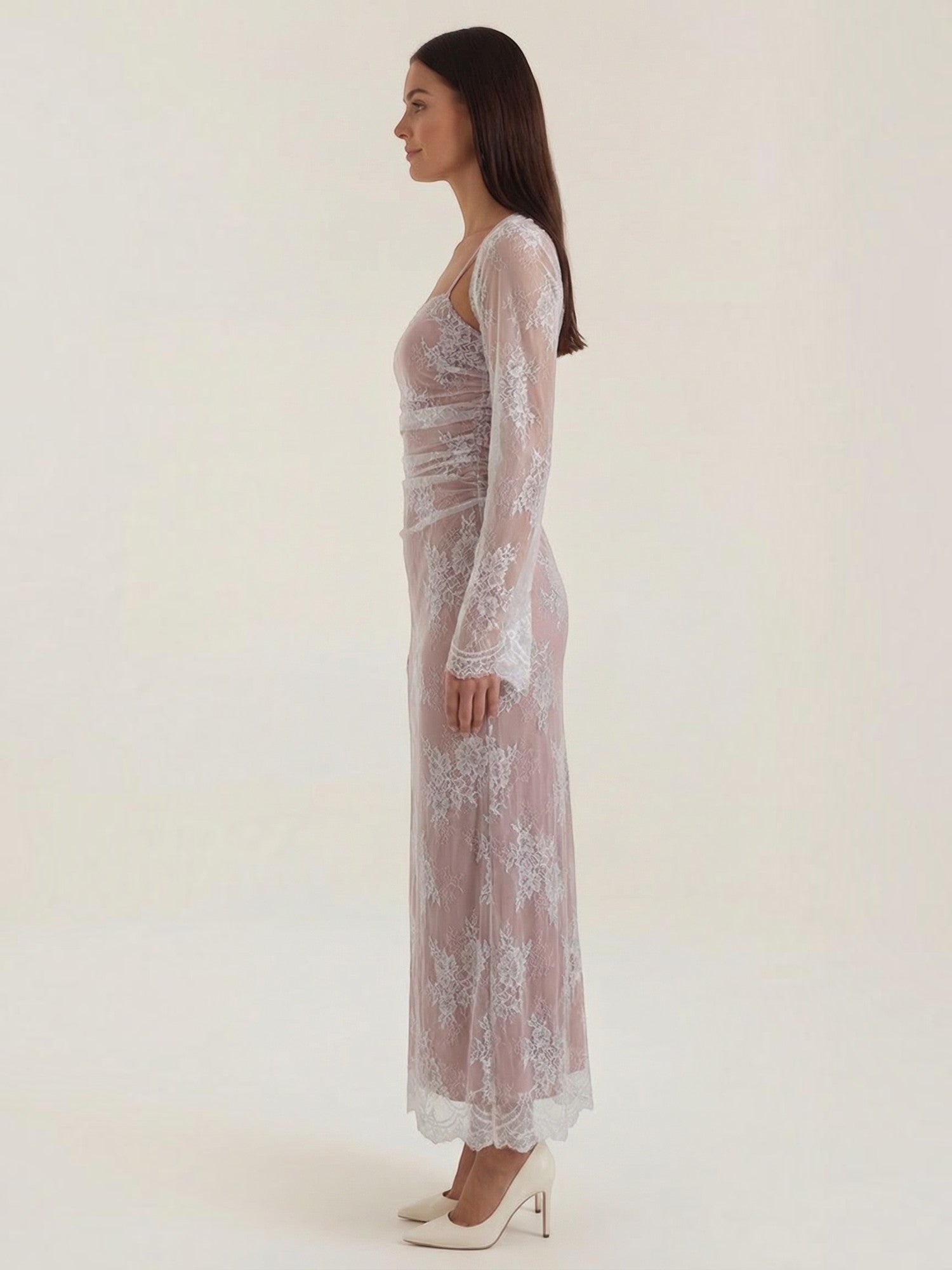 Robe femme longue dentelle florale manches festonnées – Image 3
