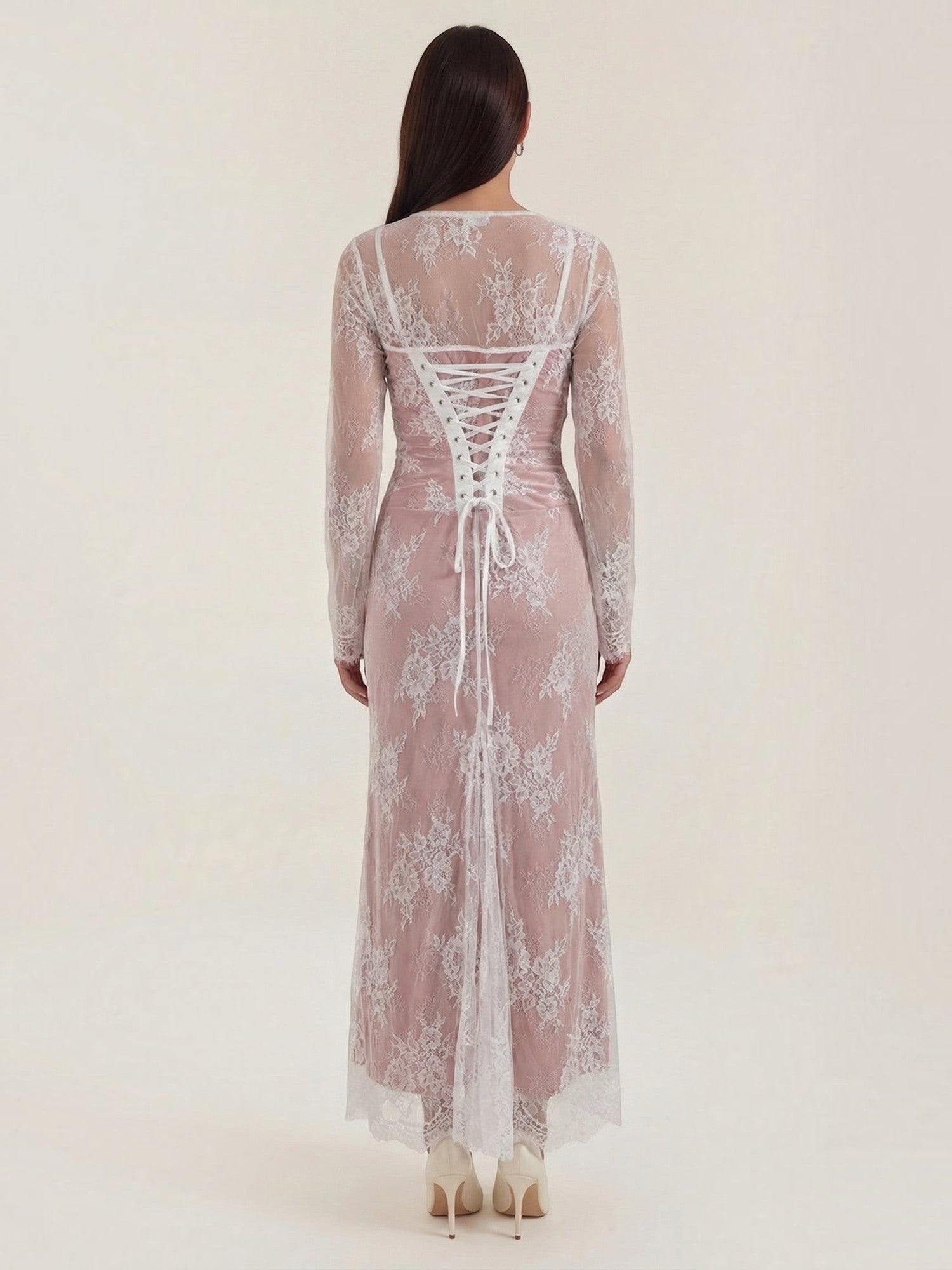 Robe femme longue dentelle florale manches festonnées – Image 5