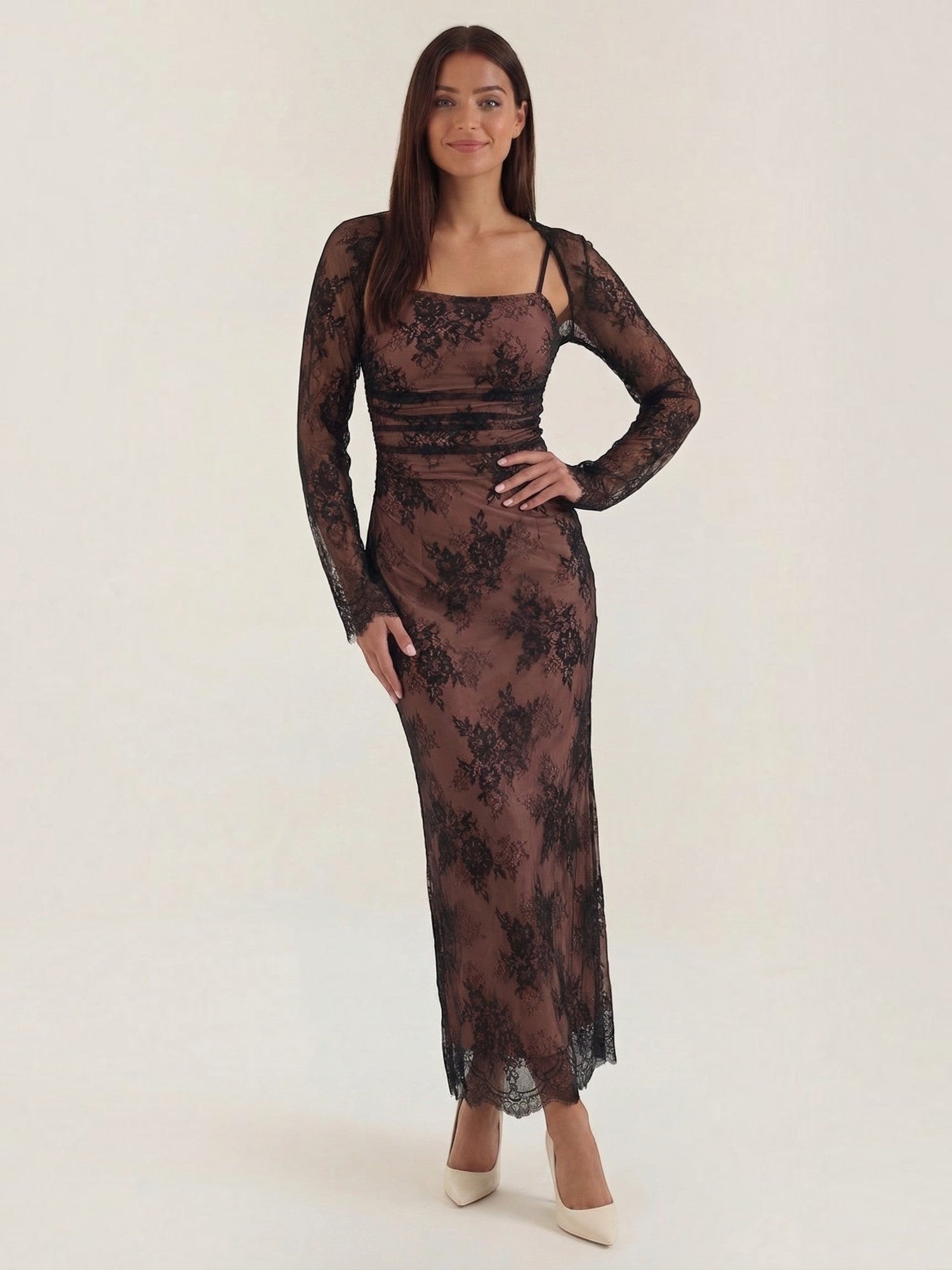 Robe femme longue dentelle florale manches festonnées – Image 2