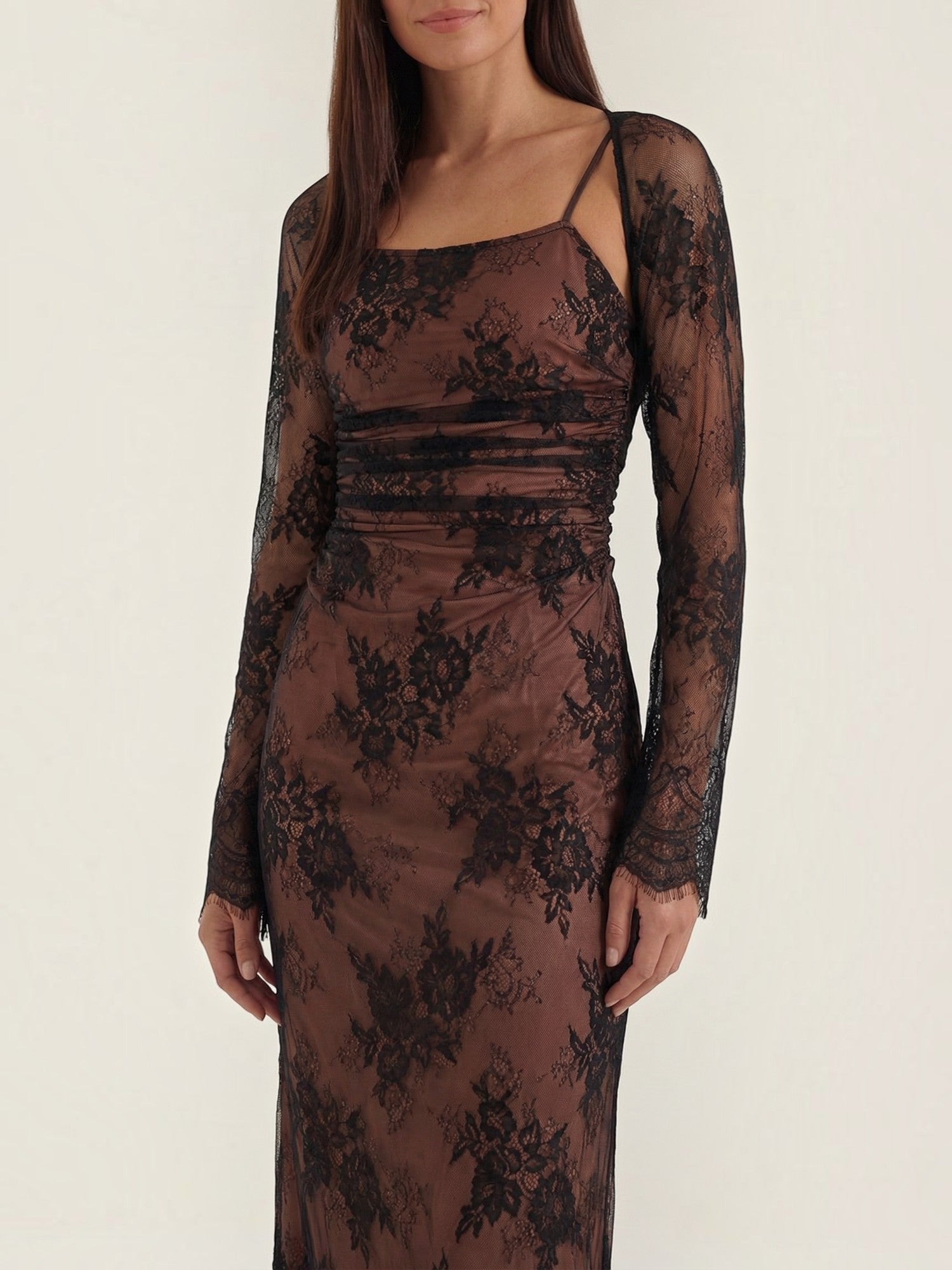 Robe femme longue dentelle florale manches festonnées – Image 8