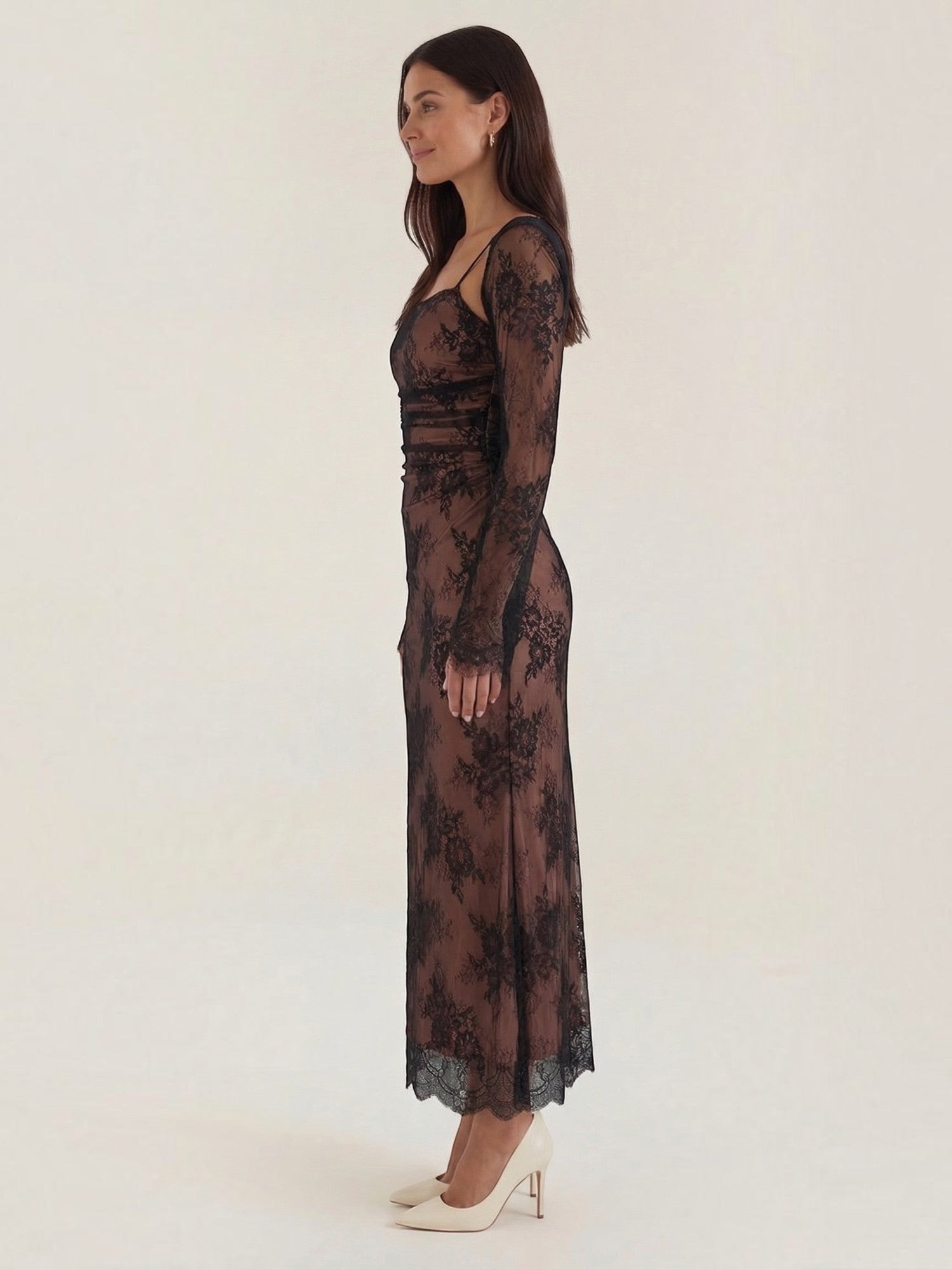 Robe femme longue dentelle florale manches festonnées – Image 7