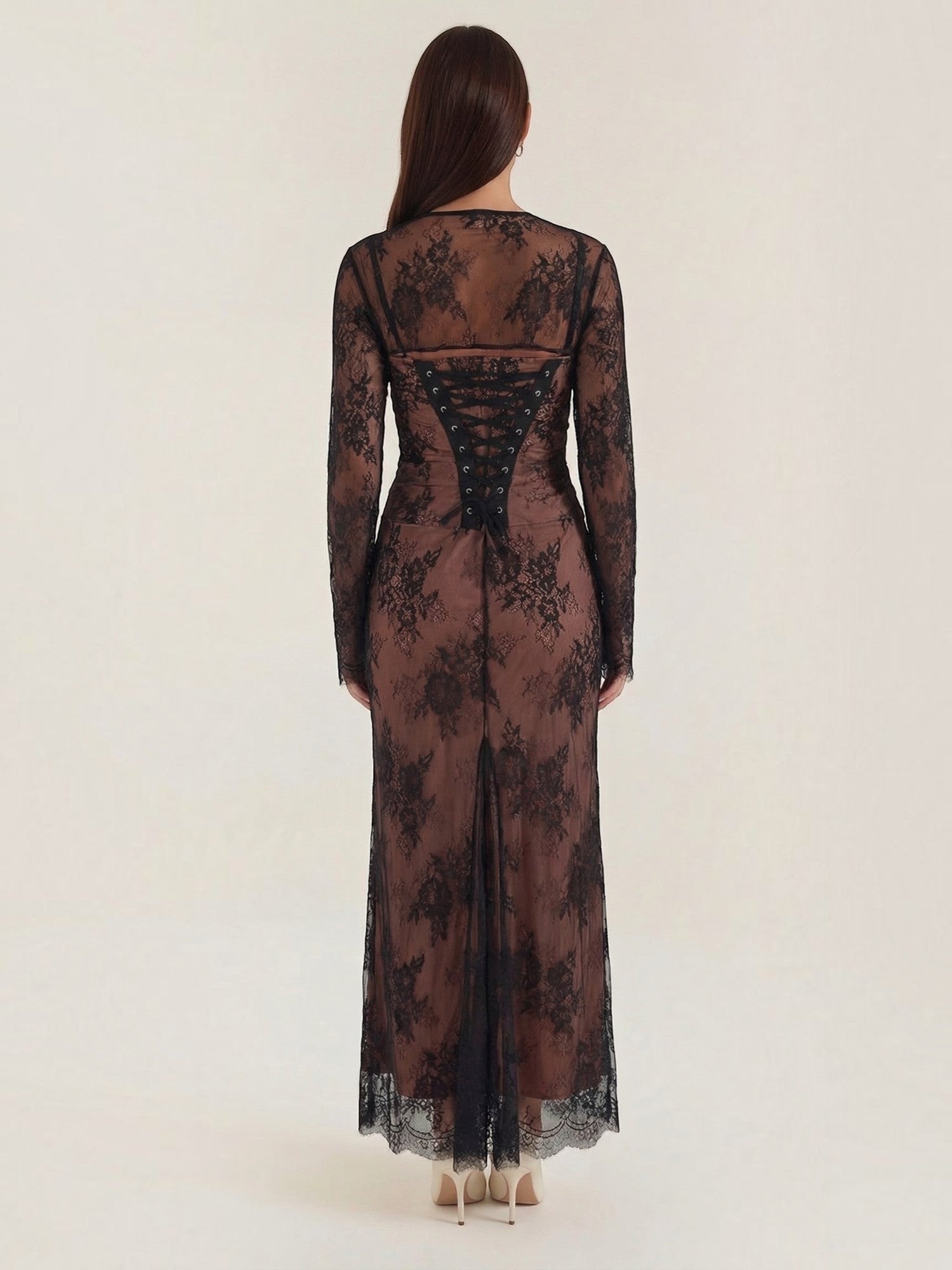 Robe femme longue dentelle florale manches festonnées – Image 9