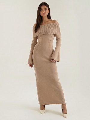 Robe femme maxi épaules dénudées maille douce