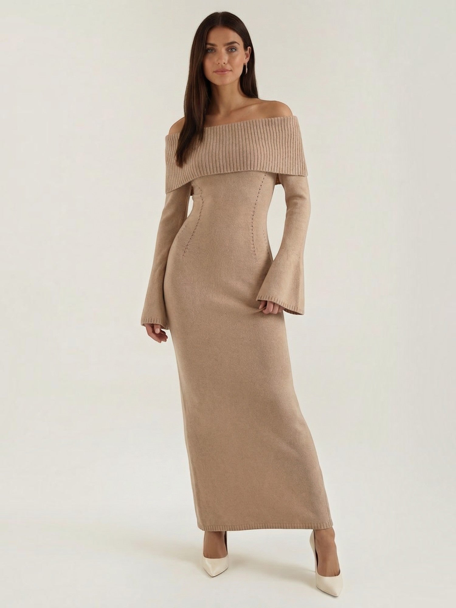 Robe femme maxi épaules dénudées maille douce