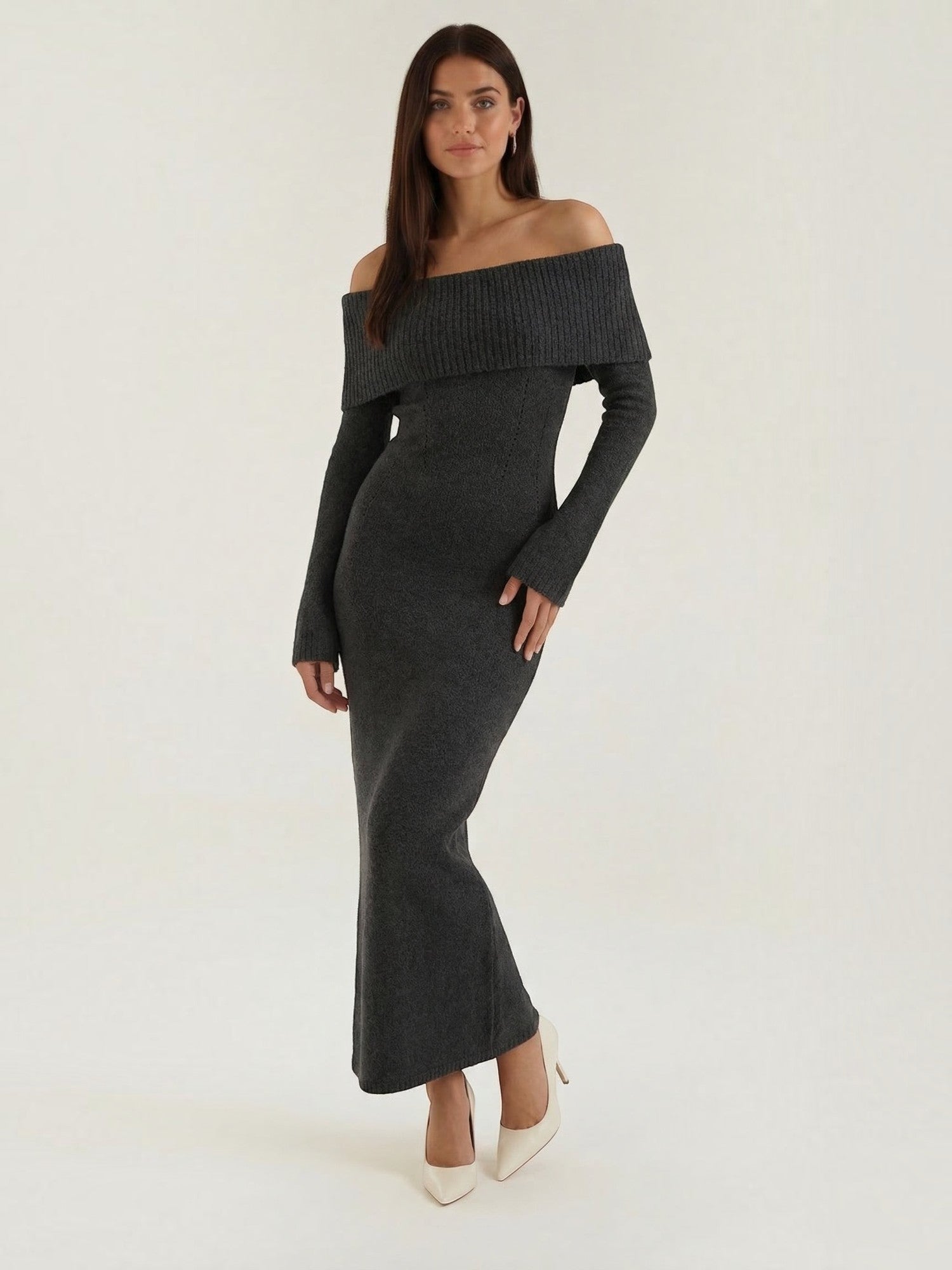 Robe femme maxi épaules dénudées maille douce – Image 2