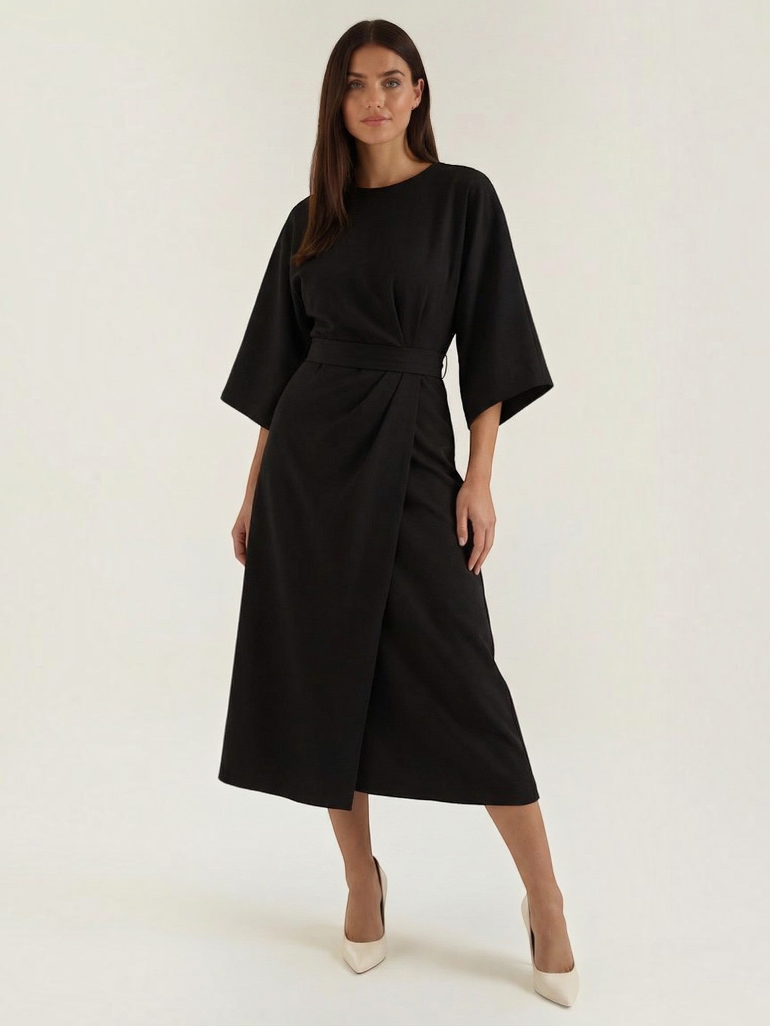 Robe femme ceinture nouée jupe asymétrique infroissable – Image 2