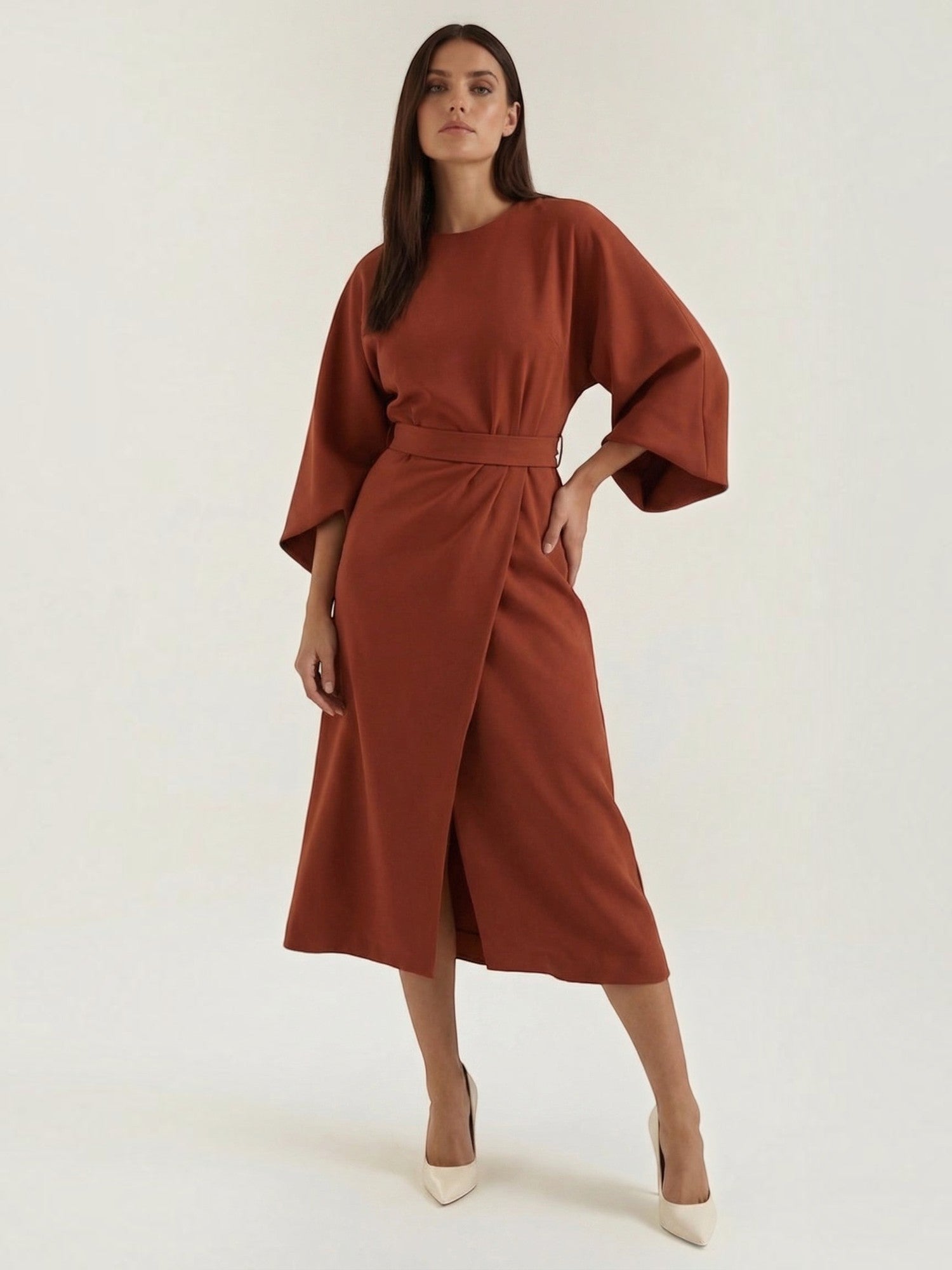 Robe femme ceinture nouée jupe asymétrique infroissable – Image 4