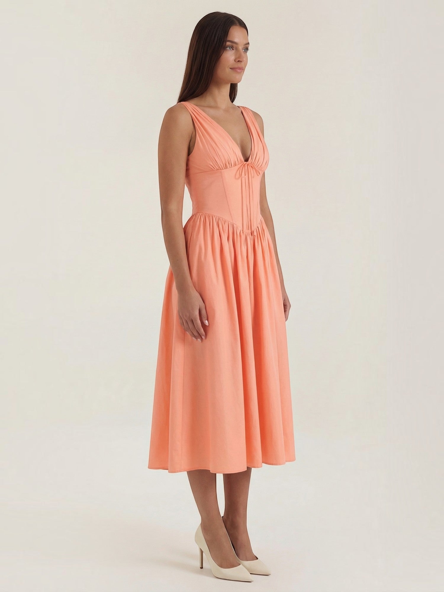 Robe femme décolleté V laçage jupe midi évasée – Image 15