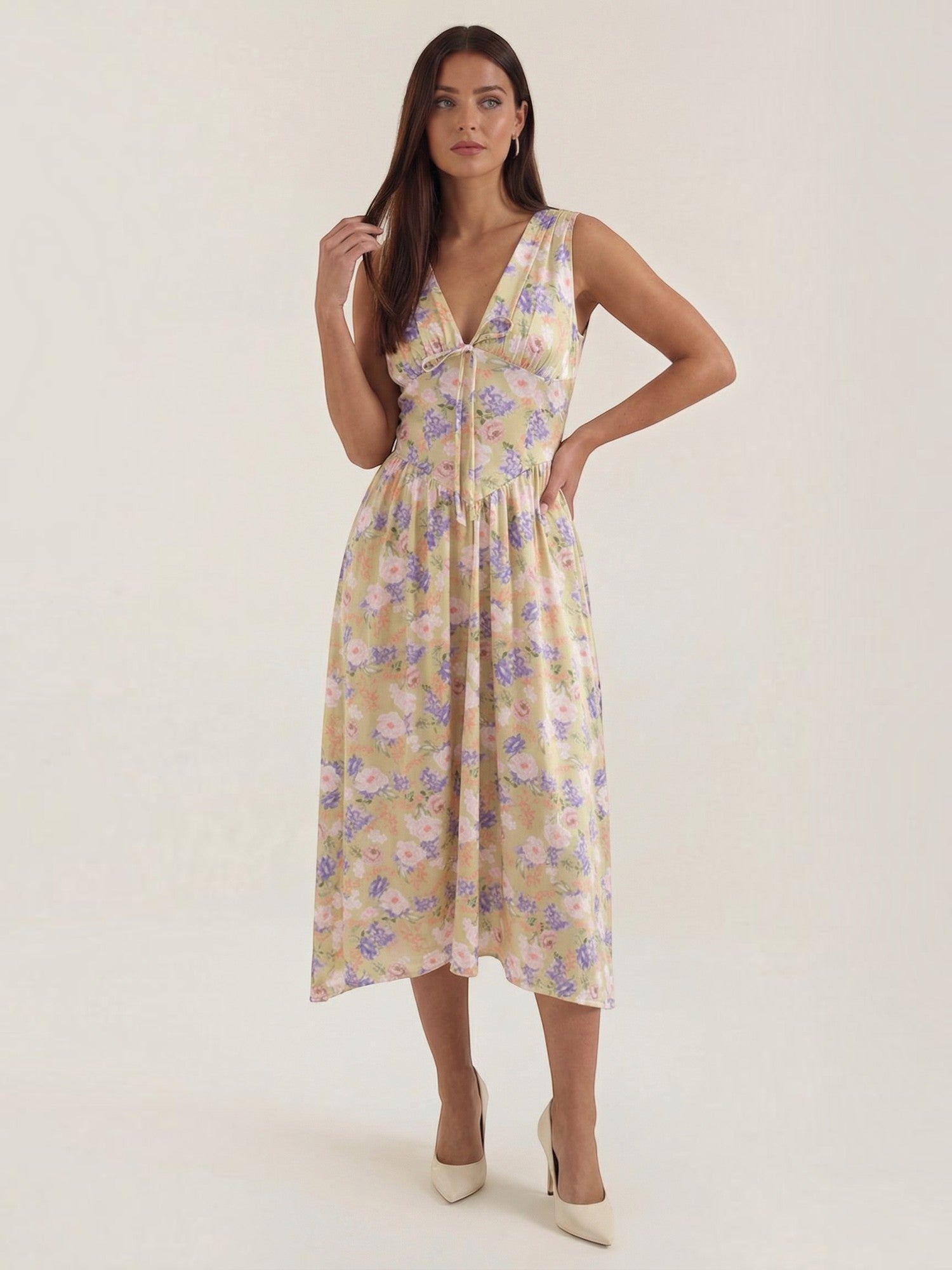 Robe femme décolleté V laçage jupe midi évasée – Image 5