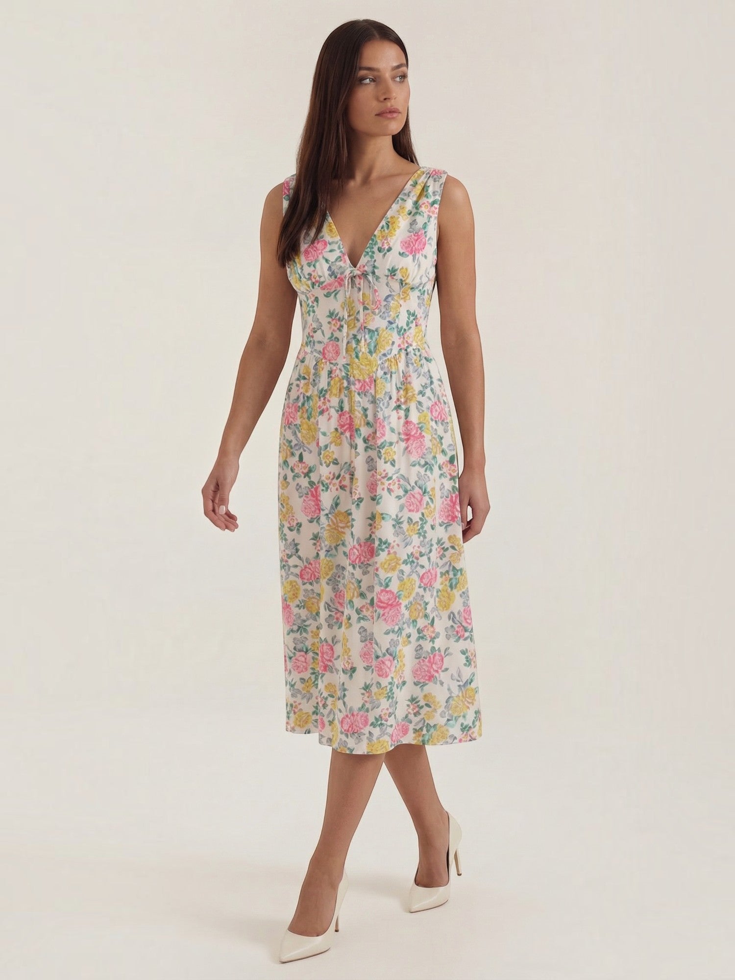 Robe femme décolleté V laçage jupe midi évasée – Image 7