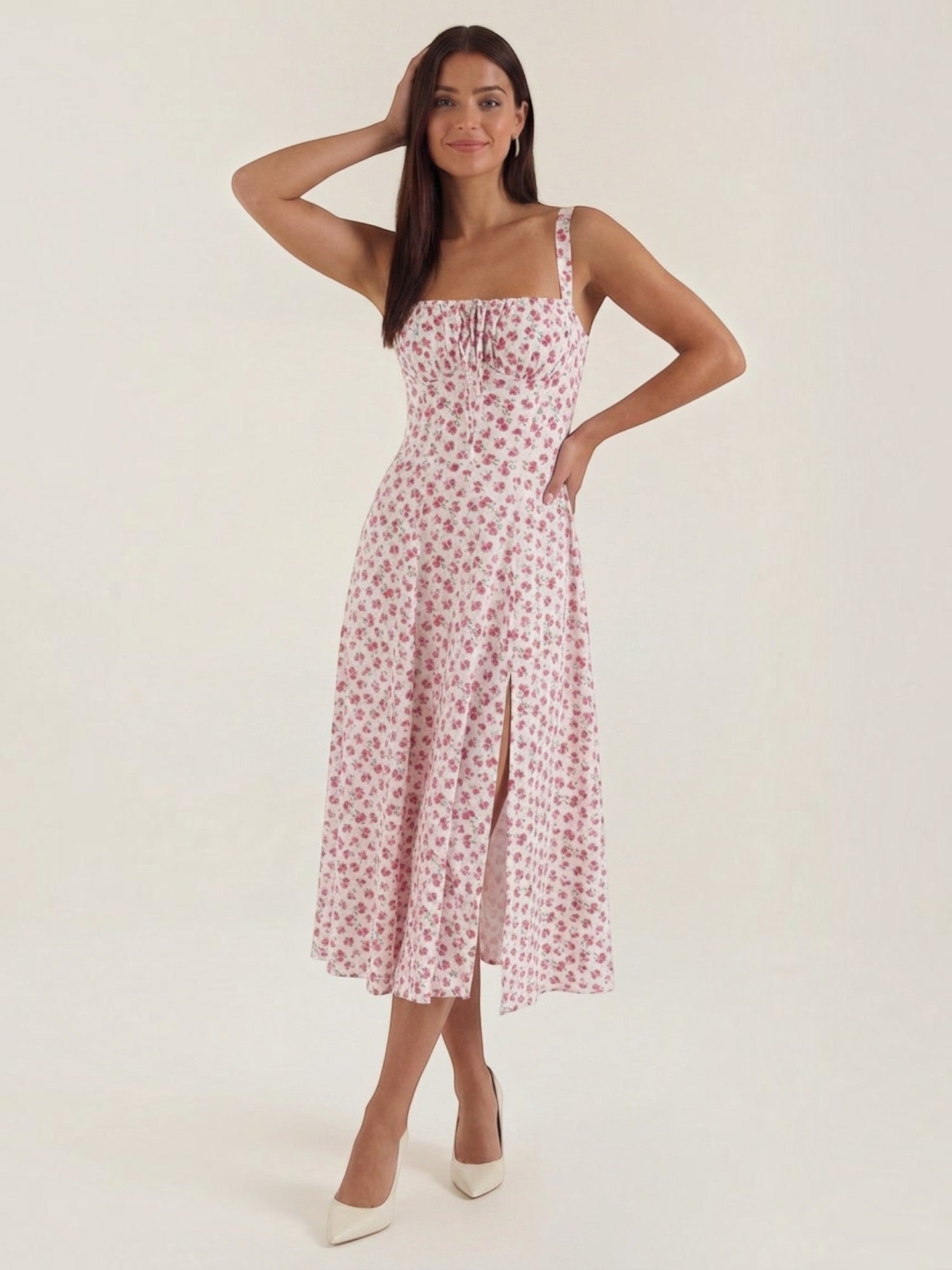 Robe femme imprimé floral encolure cœur froncée fluide – Image 4