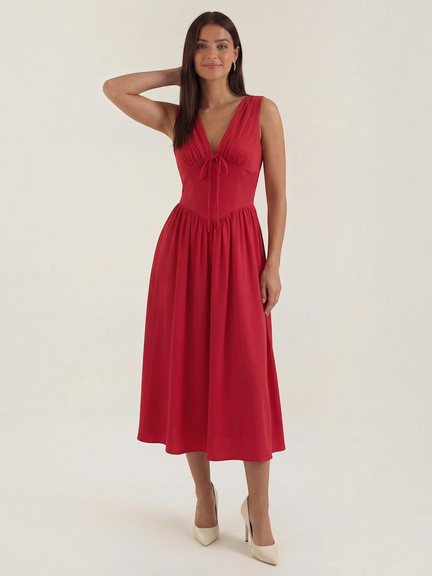 Robe femme décolleté V laçage jupe midi évasée – Image 3
