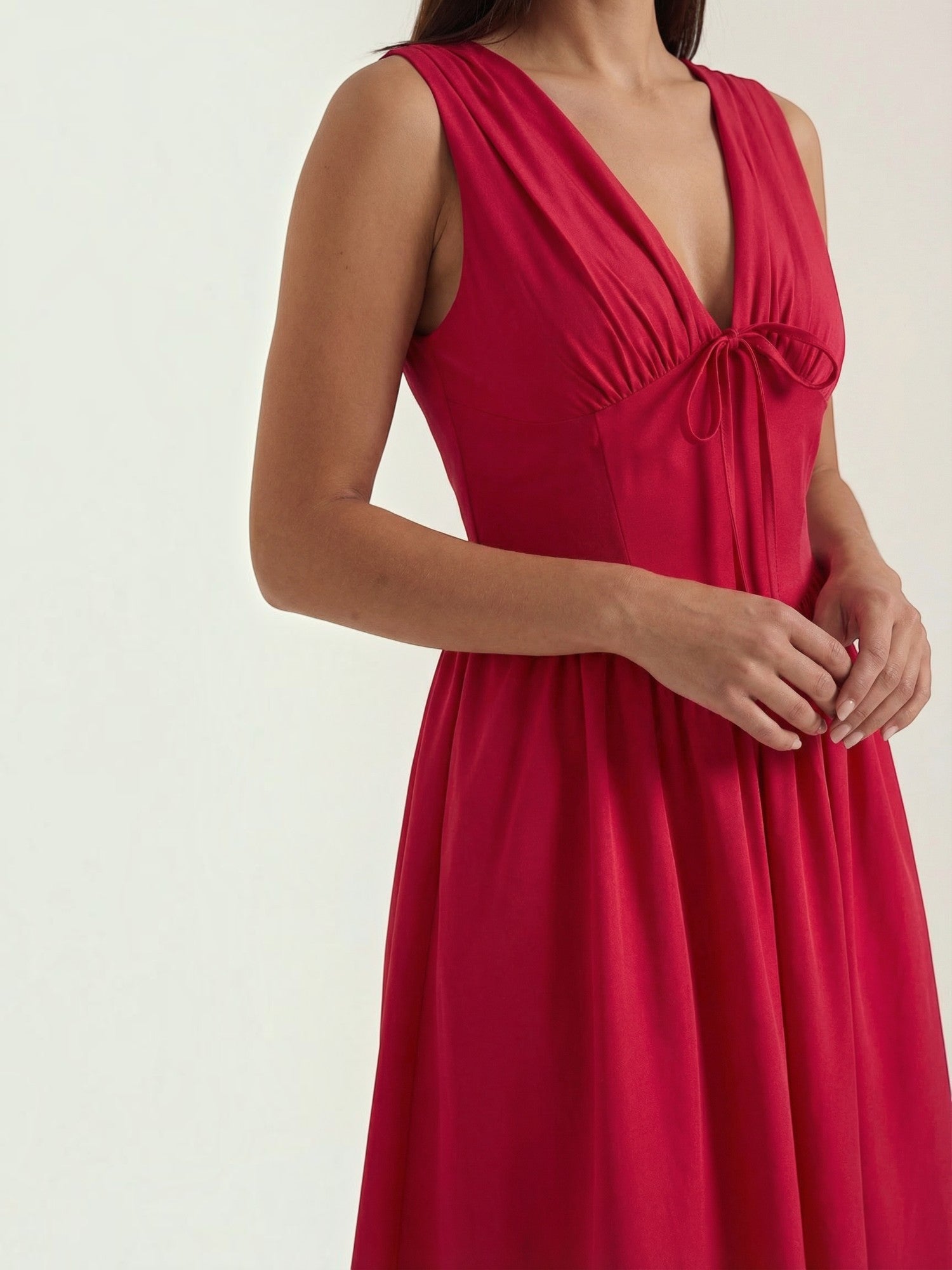 Robe femme décolleté V laçage jupe midi évasée – Image 20
