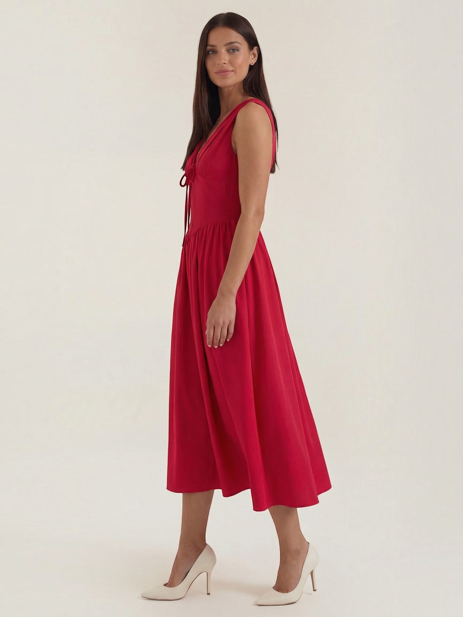 Robe femme décolleté V laçage jupe midi évasée – Image 19