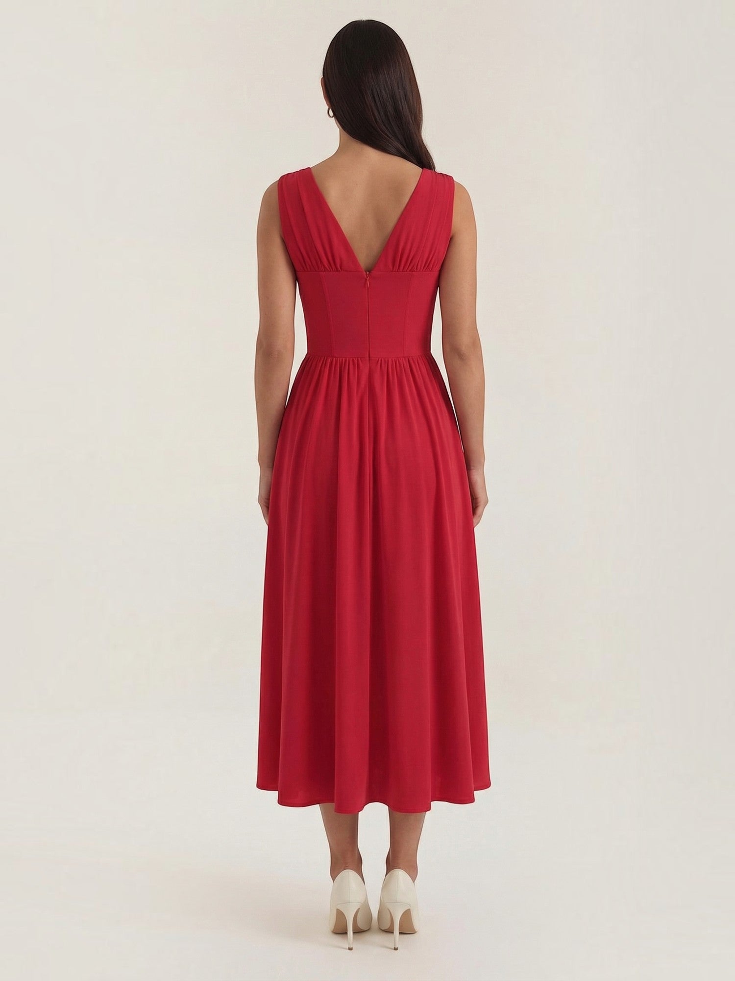 Robe femme décolleté V laçage jupe midi évasée – Image 21