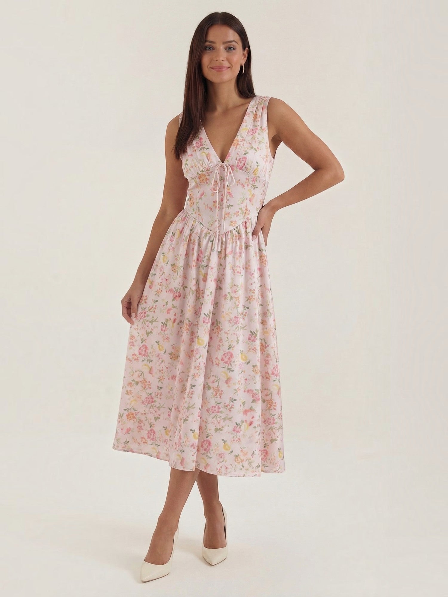 Robe femme décolleté V laçage jupe midi évasée – Image 9