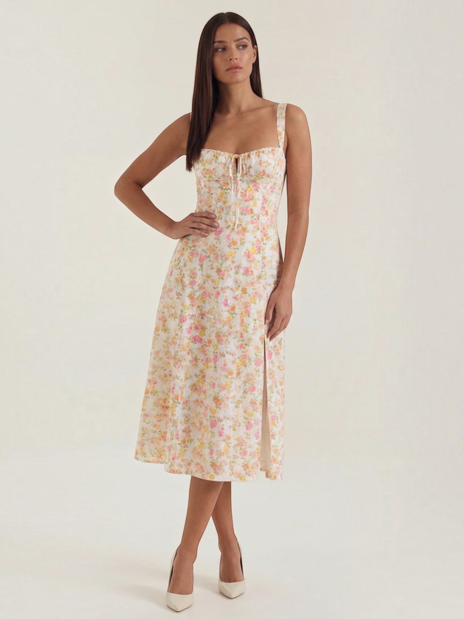 Robe femme imprimé floral encolure cœur froncée fluide – Image 6
