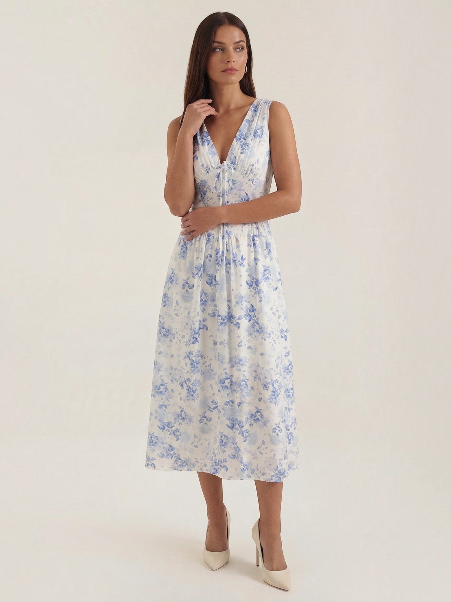 Robe femme décolleté V laçage jupe midi évasée – Image 8