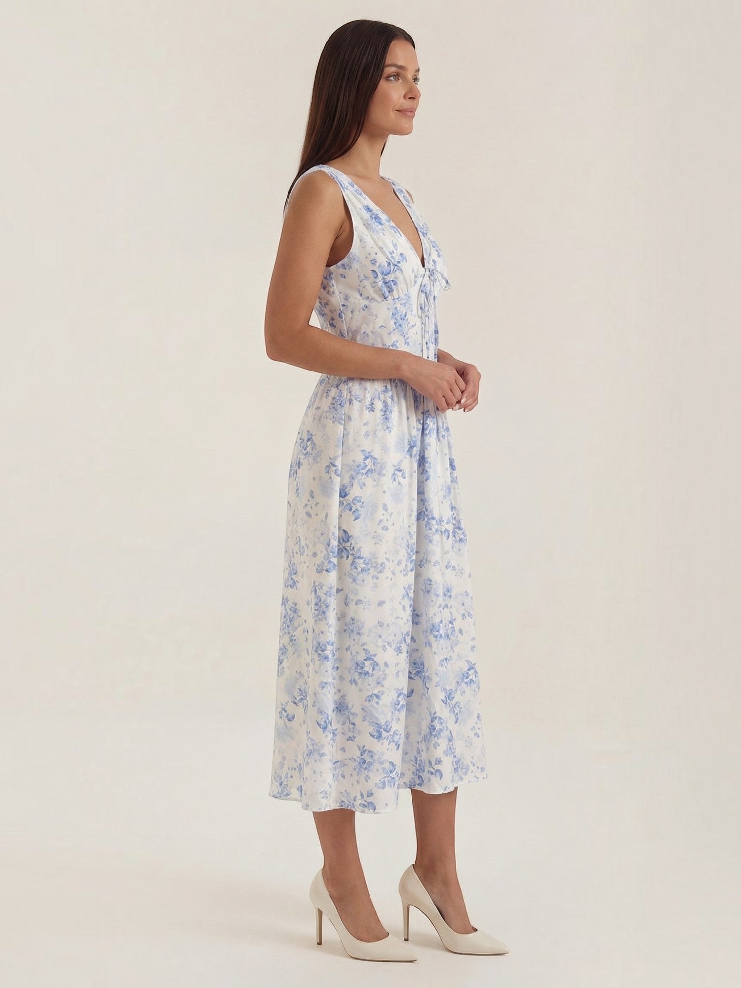 Robe femme décolleté V laçage jupe midi évasée – Image 39