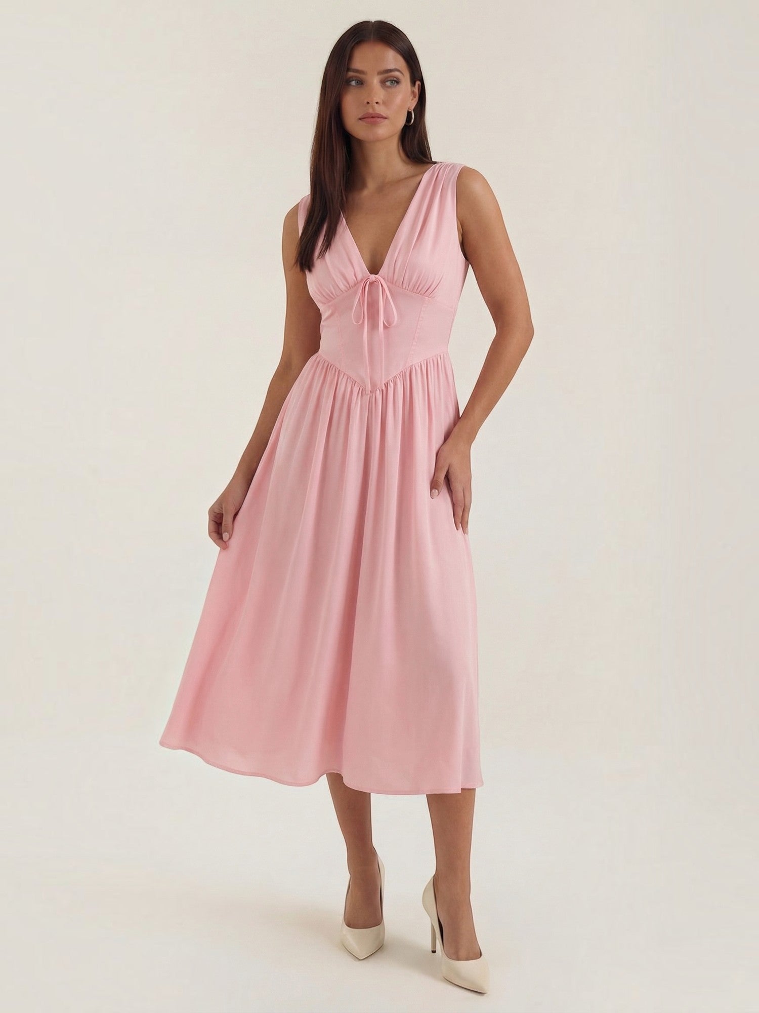 Robe femme décolleté V laçage jupe midi évasée – Image 4