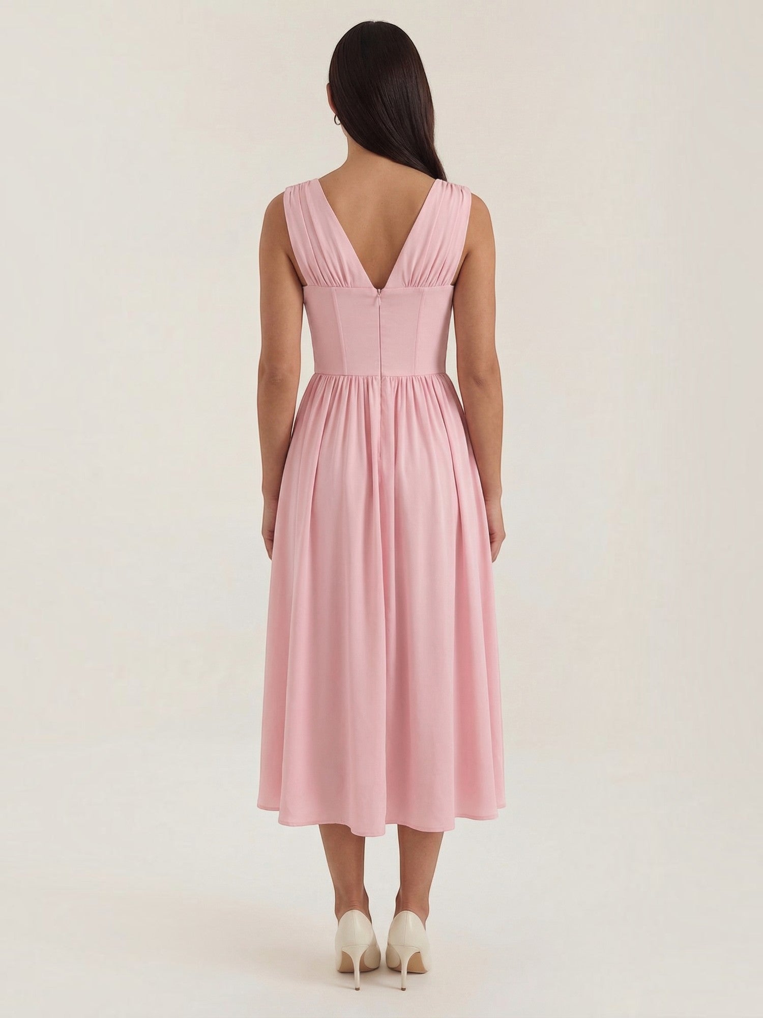 Robe femme décolleté V laçage jupe midi évasée – Image 25