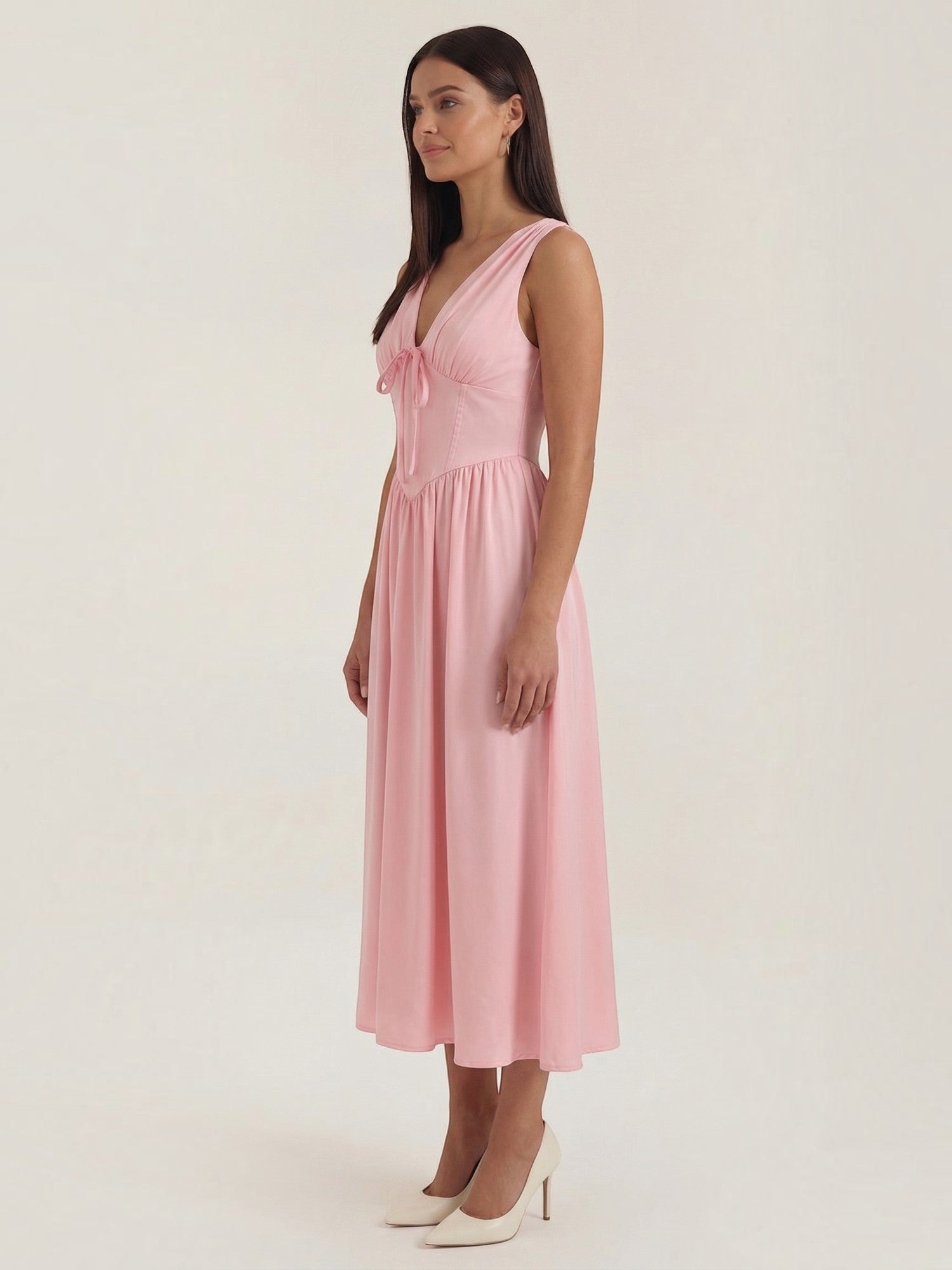 Robe femme décolleté V laçage jupe midi évasée – Image 23
