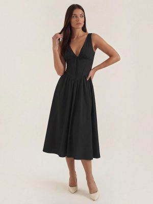 Robe femme décolleté V laçage jupe midi évasée