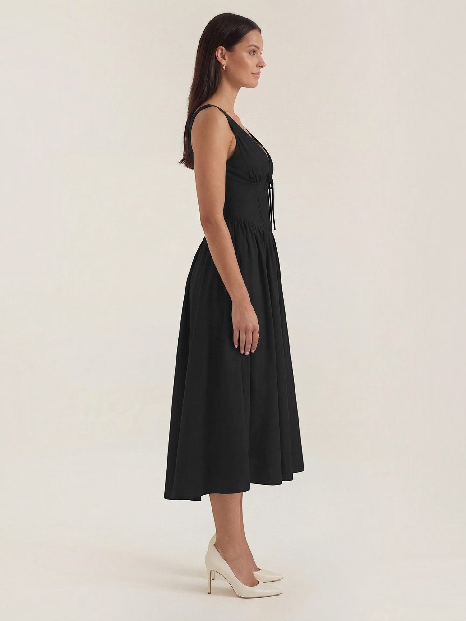 Robe femme décolleté V laçage jupe midi évasée – Image 11