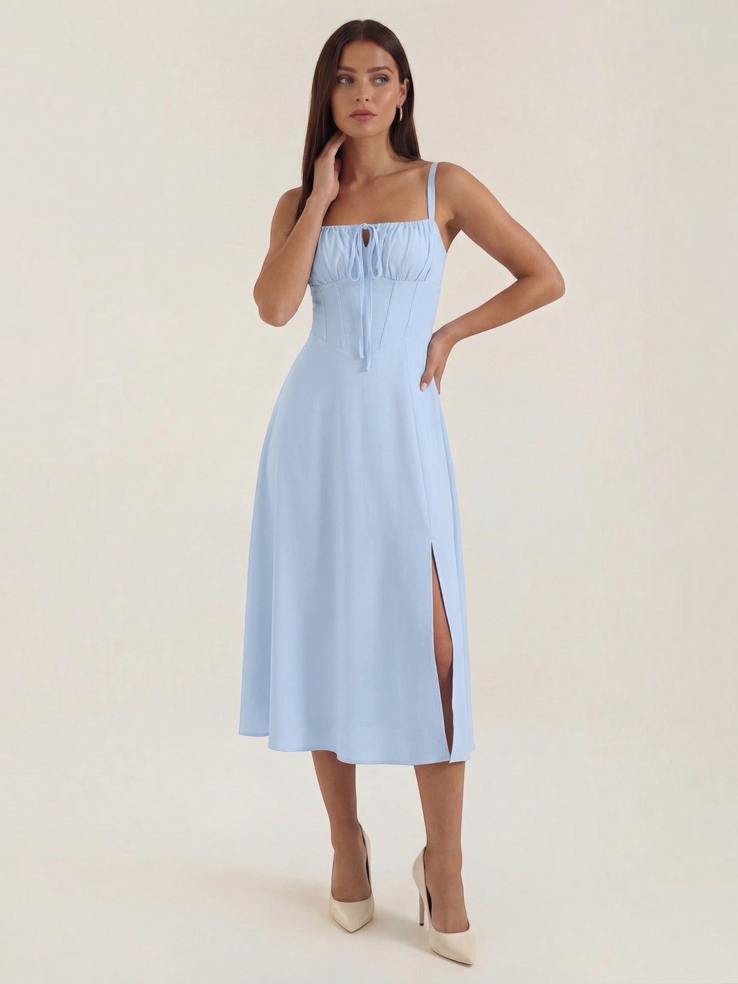Robe femme midi décolleté ajustable fente latérale – Image 2
