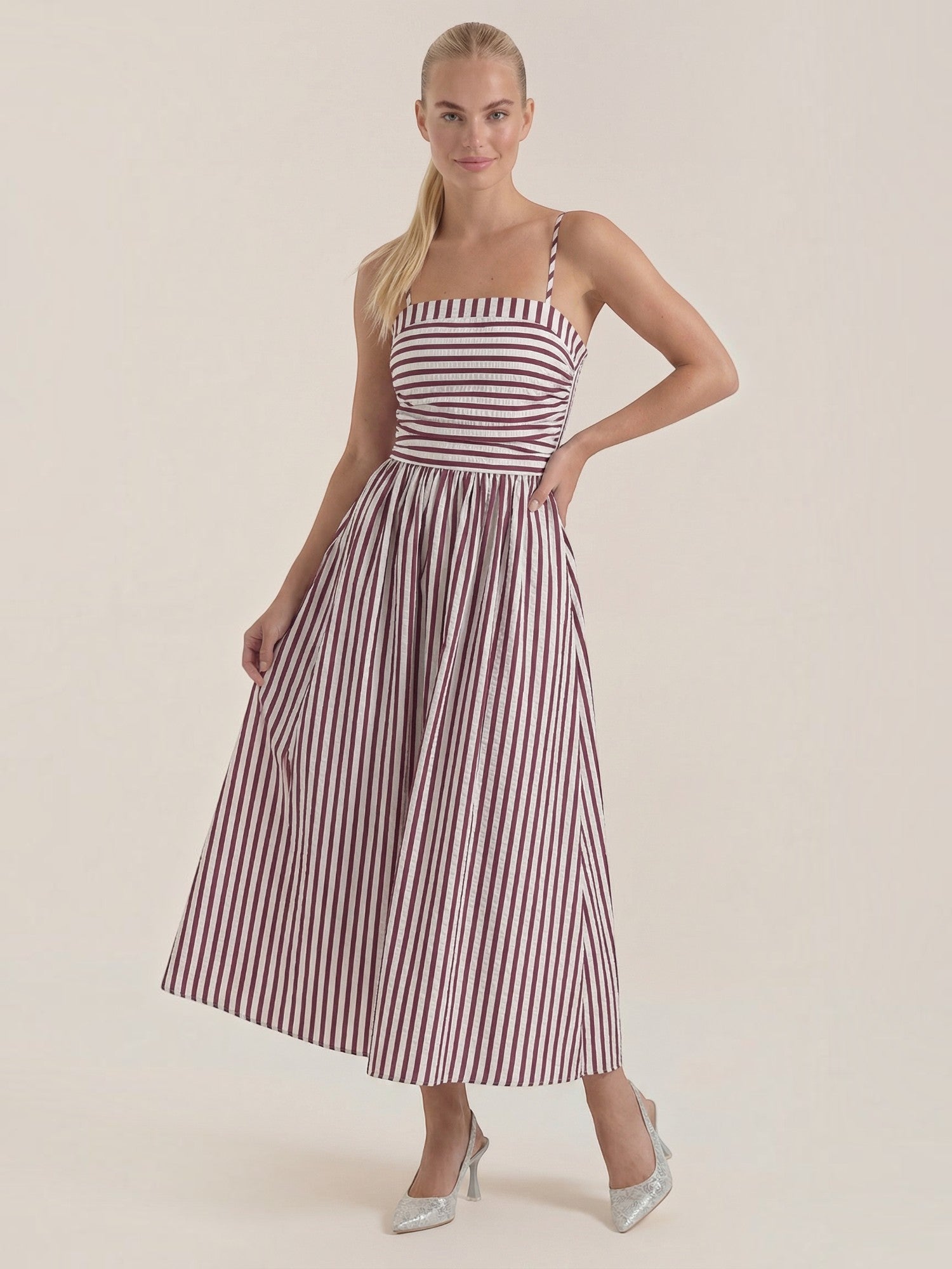 Robe femme maxi rayée décolleté carré bretelles – Image 2