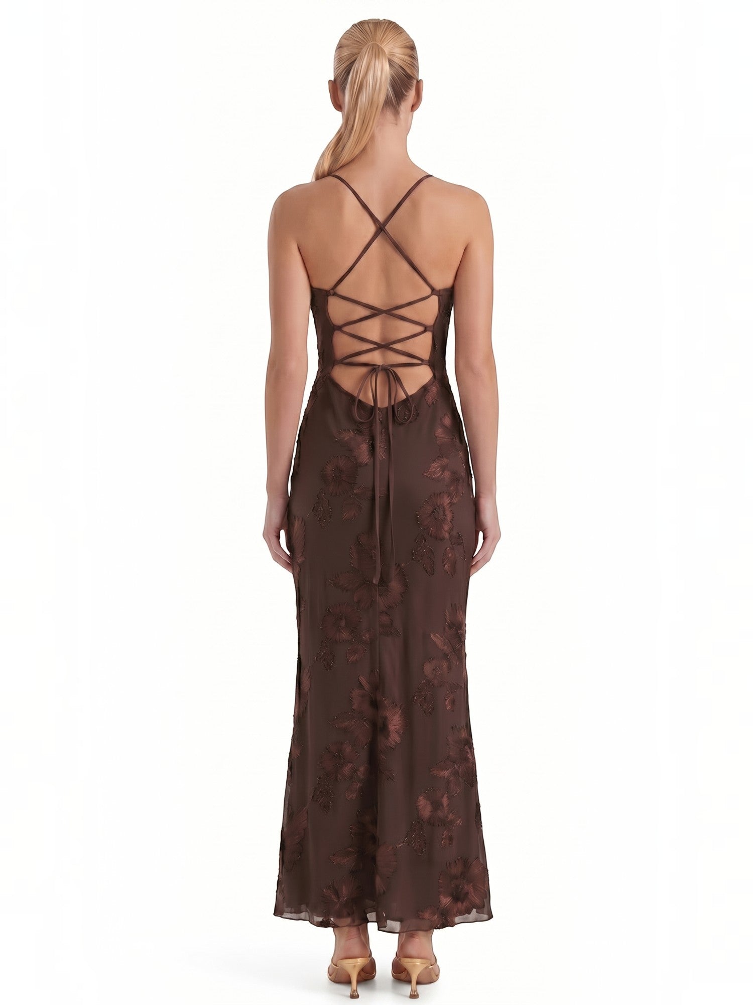Robe femme décolleté cœur bretelles fines motif scintillant – Image 24