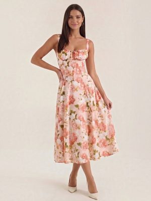 Robe femme imprimé floral encolure cœur froncée fluide