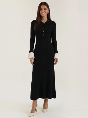 Robe femme longue col polo boutons dorés