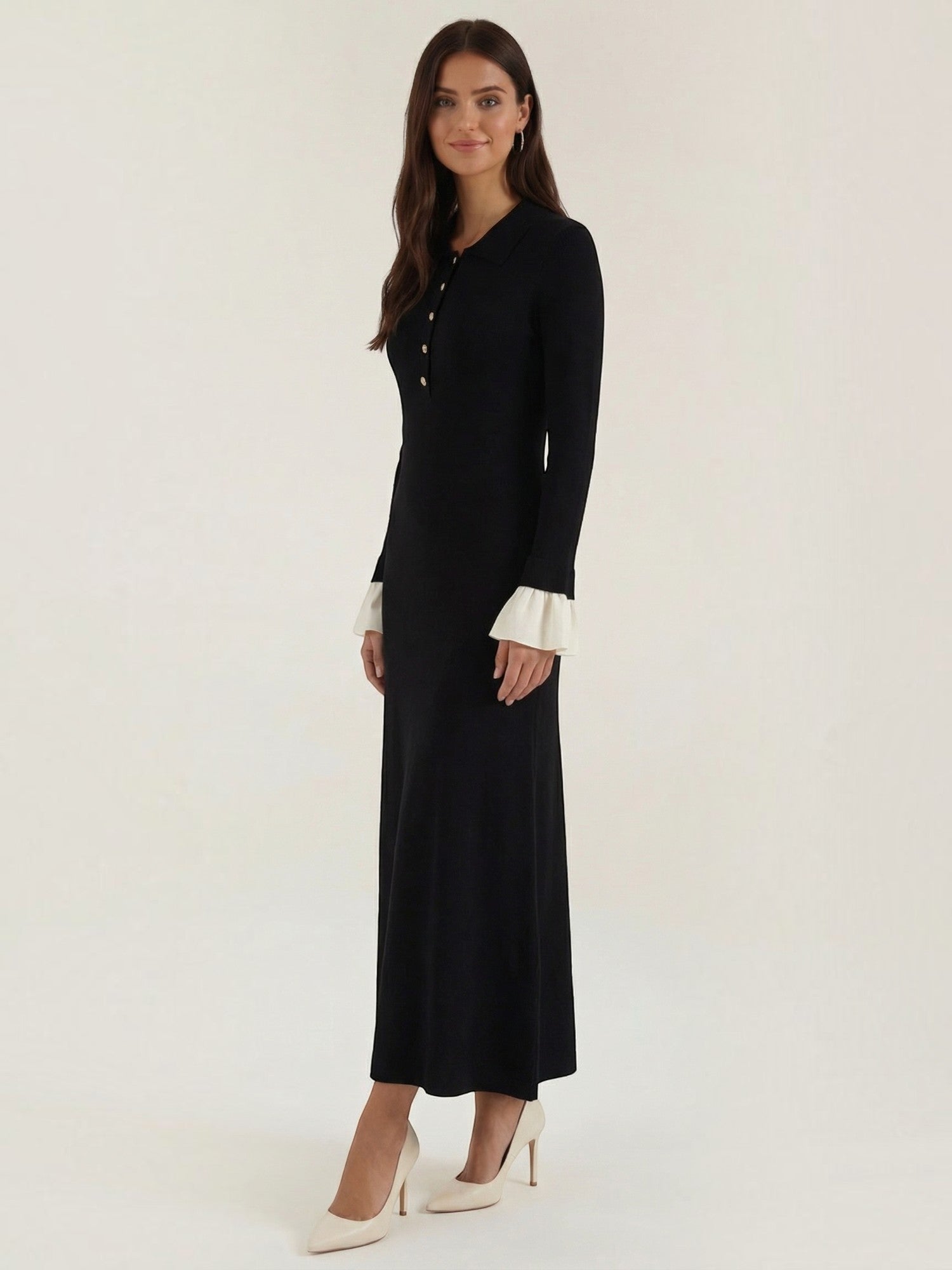 Robe femme longue col polo boutons dorés – Image 2