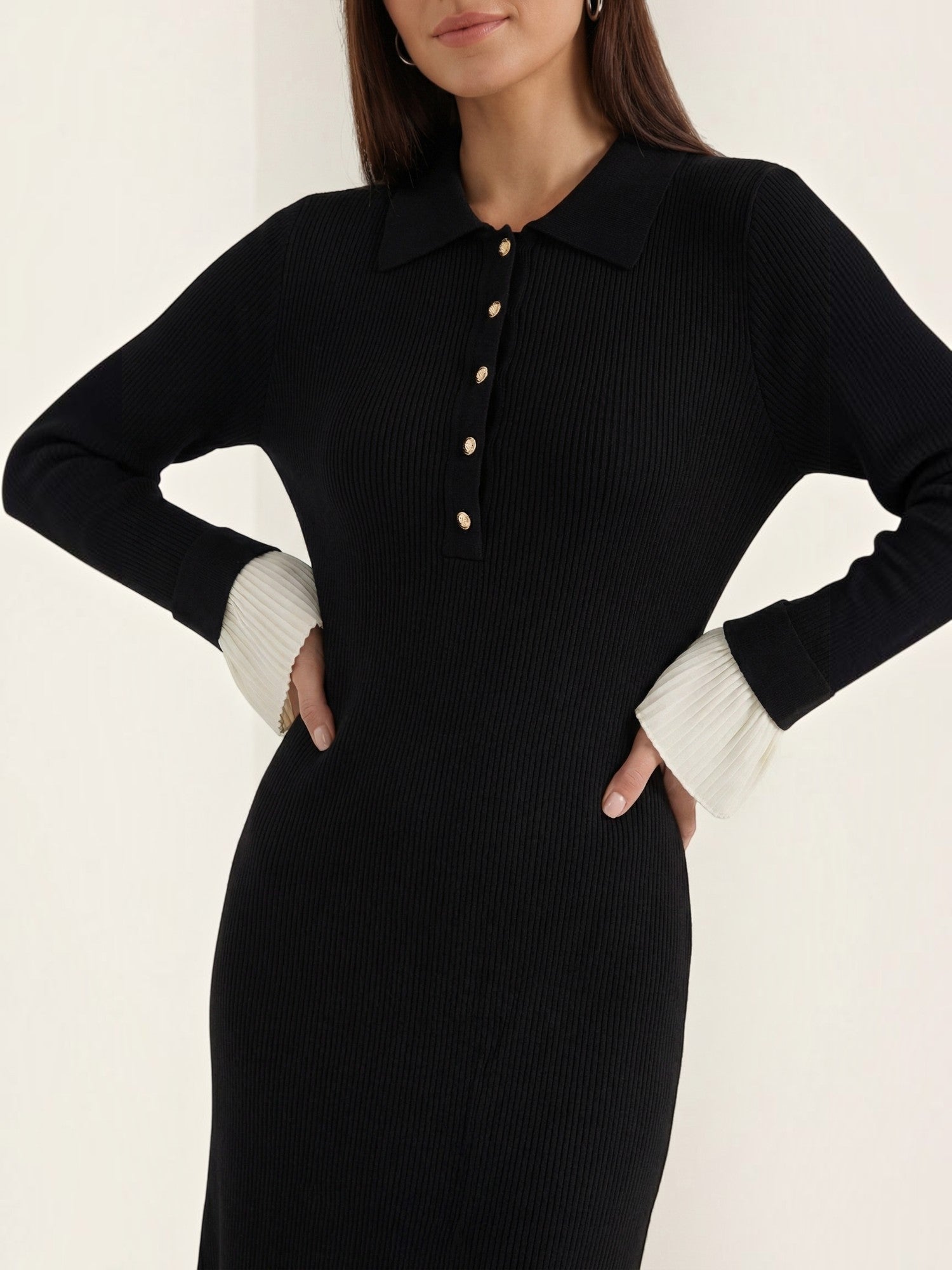 Robe femme longue col polo boutons dorés – Image 3