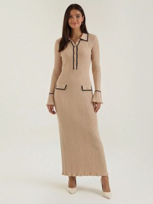 Robe femme longue côtelée col polo viscose